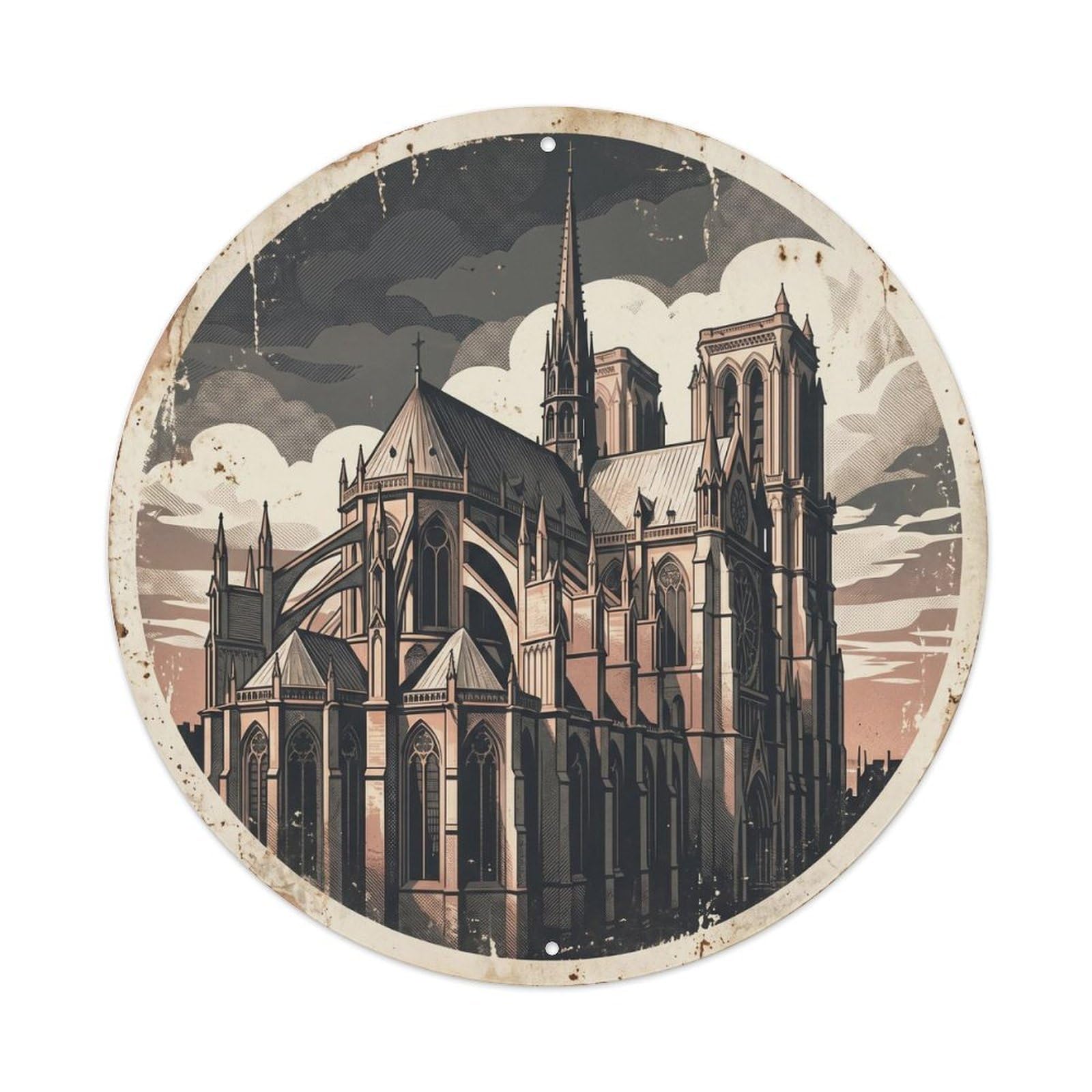 Fqcyn Style Vintage Travel Church France Gothic Metal Tin Sign Plaque Wall Decor For Cafe, Club Bar, Office, Home Garden Round Metal Poster 8X8inch