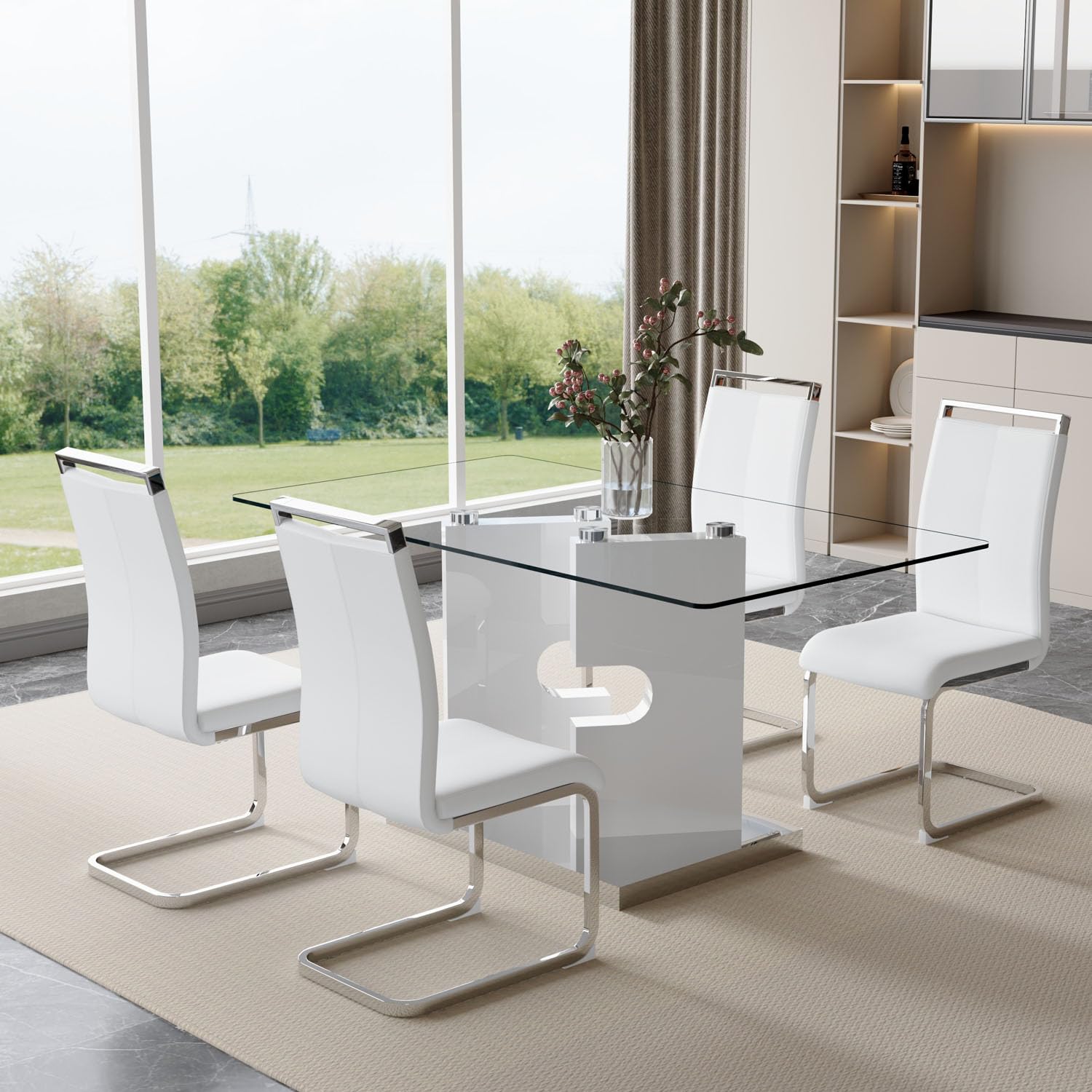 Glass Dining Table Set of 4, 63" Dinner Room Glass Table Set for 4, Modern Kitchen Dinner Table Set with 4 Upholstered Faux Leather Dining Chairs for Living Dining Office Room