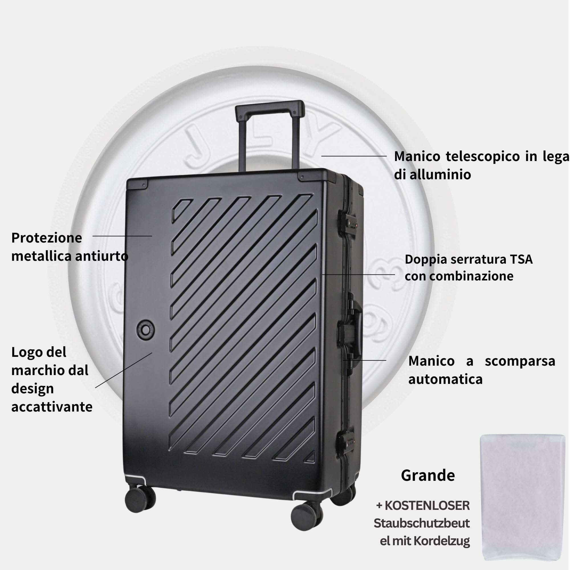 JLY Valigia Rigida 100% Policarbonato Senza Cerniera, Trolley da Viaggio con Doppio Lucchetto TSA, 4 Ruote Girevoli e Manico in Lega di Alluminio, Bagaglio da Stiva (Nero Acciaio, L (77cm 97L))