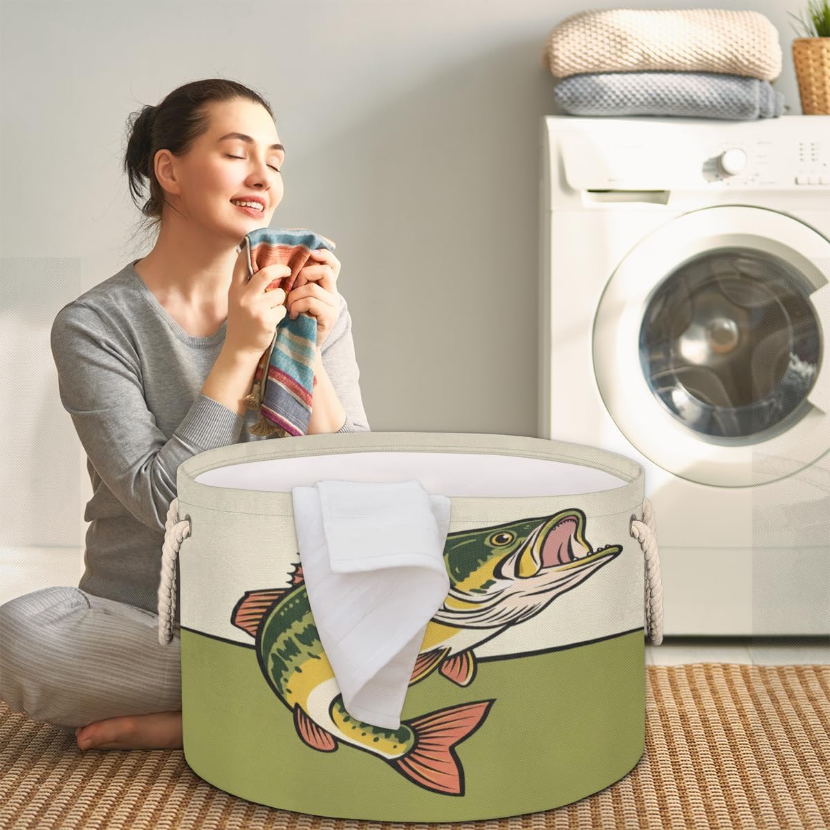 Large Storage Baskets - Vintage Largemouth Bass Nursery Round Collapsible Organizer Bin Box, Laundry Hamper for Kids Toys, Blanket, Bedroom Living Room Home Decor, Gift Basket, 19.4"x13.3"