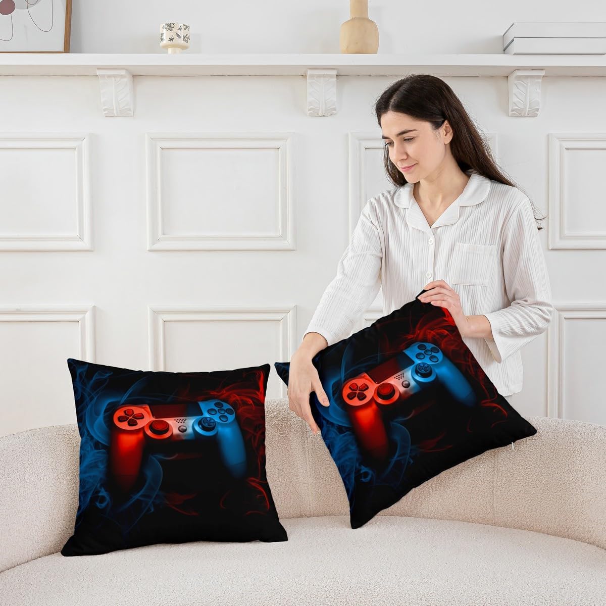 Gamepad Throw Pillow Covers 24"x24" Set of 2 Soft Gaming Pillow Cases Cushion Covers for Living Room Bedroom Game Sports Blue and Red Frog Style Decorative Throw Pillowcases for Sofa Couch Chair
