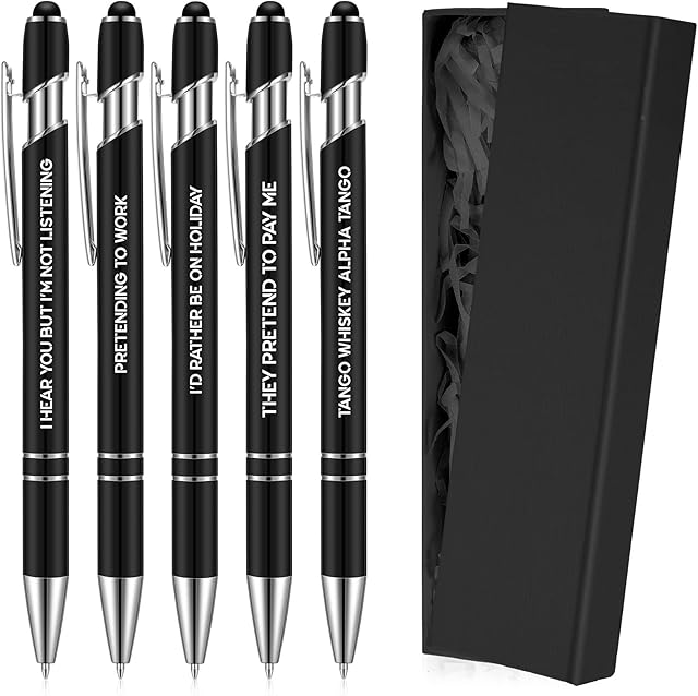 5 Pcs Ballpoint Pens Retractable Metal Rude Pens Black Ink Funny Sarcastic Novelty Pens with Complaining Quotes Gift Box Raffia Grass for Office School Stationery Adults Gifts (Black)