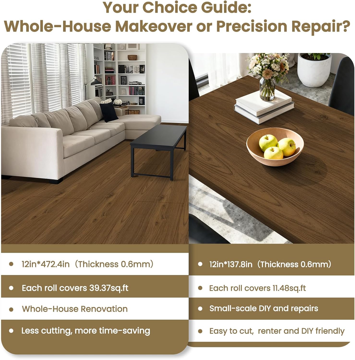 Peel and Stick Floor Tile - Wood Vinyl Flooring Roll Waterproof for Kitchen and Bathroom - 11.8in X 472.44in Self Adhesive Floor Tiles Removable