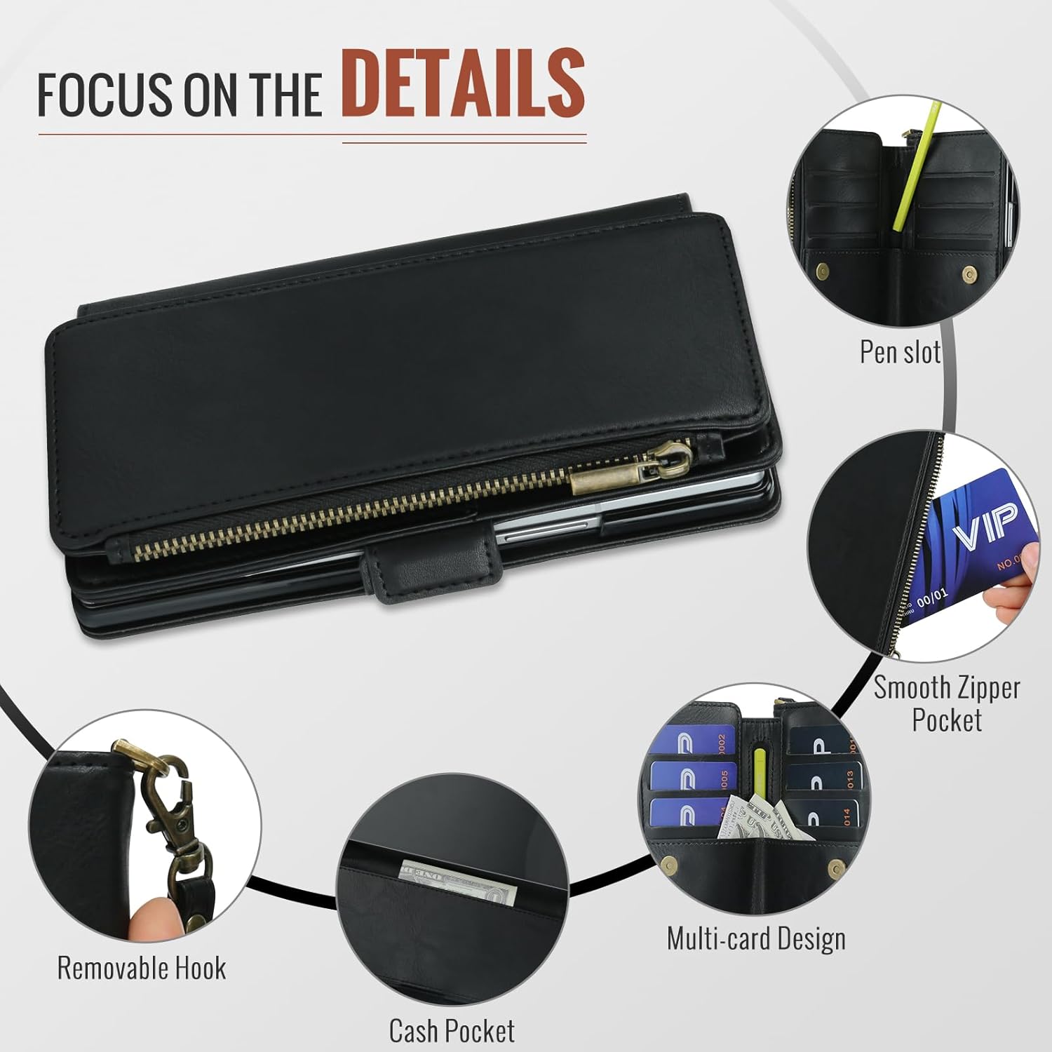 ASAPDOS for Samsung Galaxy Z Fold 7 Wallet Case with S Pen Holder,PU Leather Strap Wristlet Flip Case with Magnetic Closure[S-Pen Fully Compatible],Card Holder[RFID Blocking] and Kickstand Black