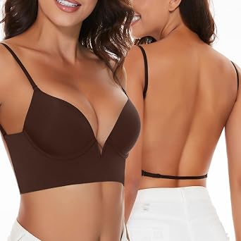 Low Back Bras-Seamless Deep-V Plunge Invisible Backless Bra-Lightly Lined Underwire Halter Multiway Low Cut Bra