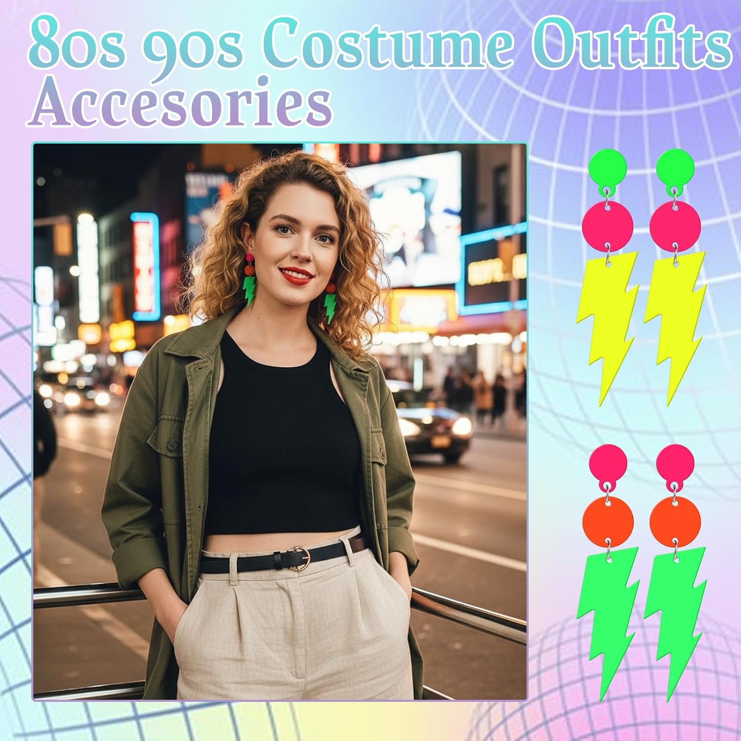 Neon Earrings for Women, 2 Pairs Acrylic Lightning Bolt Earrings, Retro Drop Dangle for 80s Theme Parties & Glow Nights (Yellow & Green) - Image 4