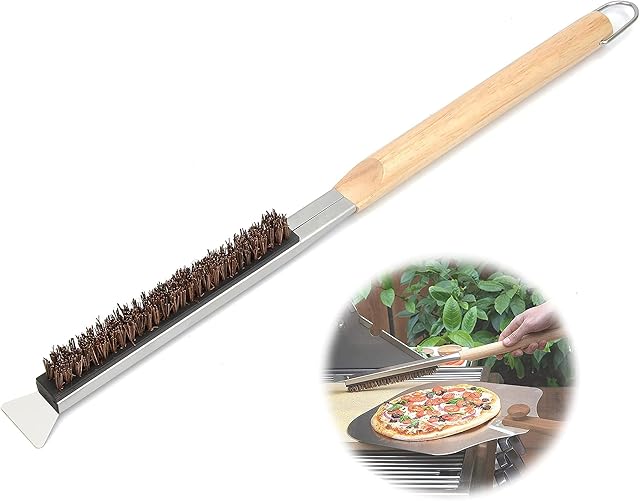 Pizza Oven Brush,Pizza Stone Cleaning Brush with Scraper,Barbecue Grill Cleaning Tool with Wood Handle,Pizza Stone Brush Kitchen Oven Accessories,Cleaning Brush for Kitchens,Portable BBQ Bake Tool