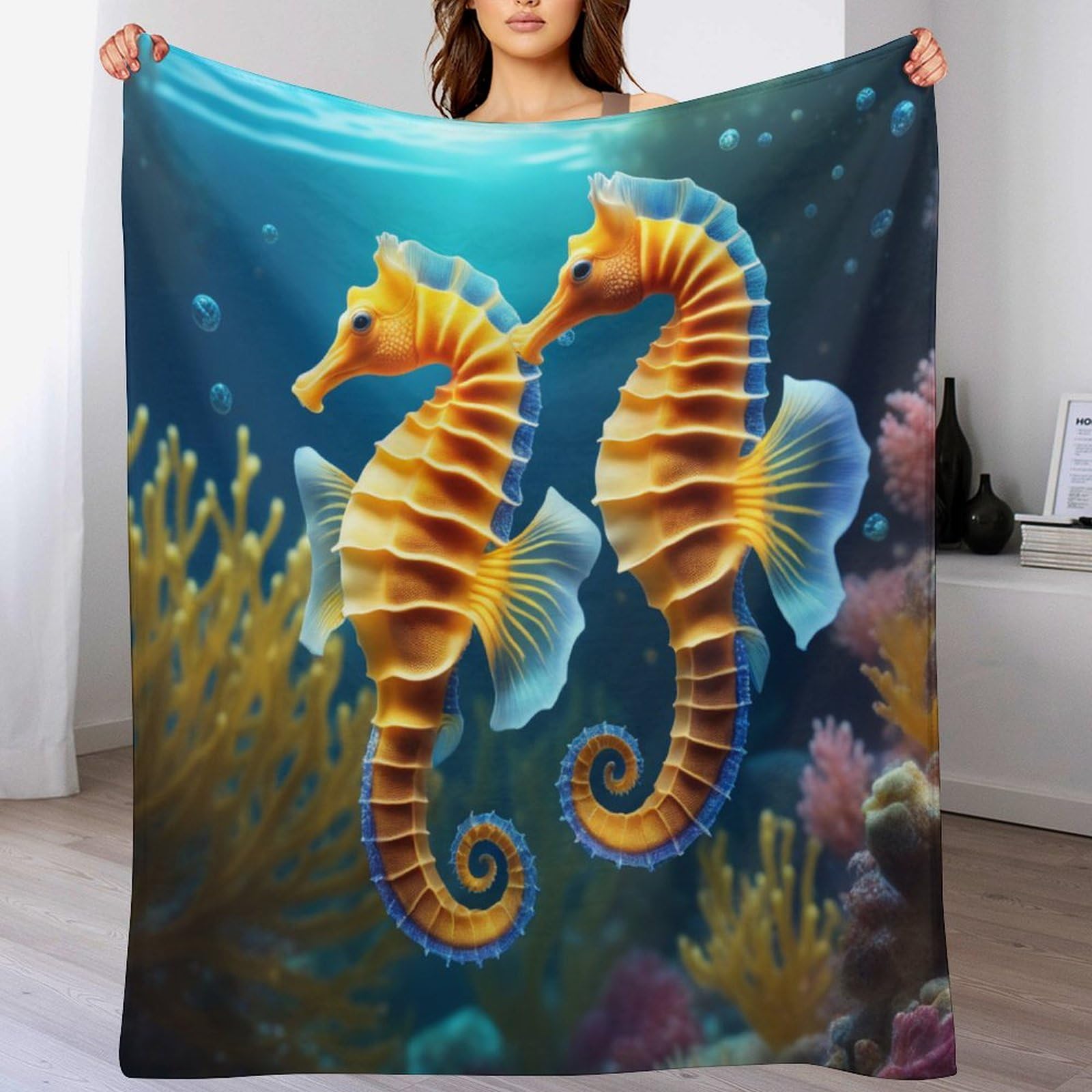 Manta mullida de forro polar supersuave Seahorse pequeña para sofá o cama