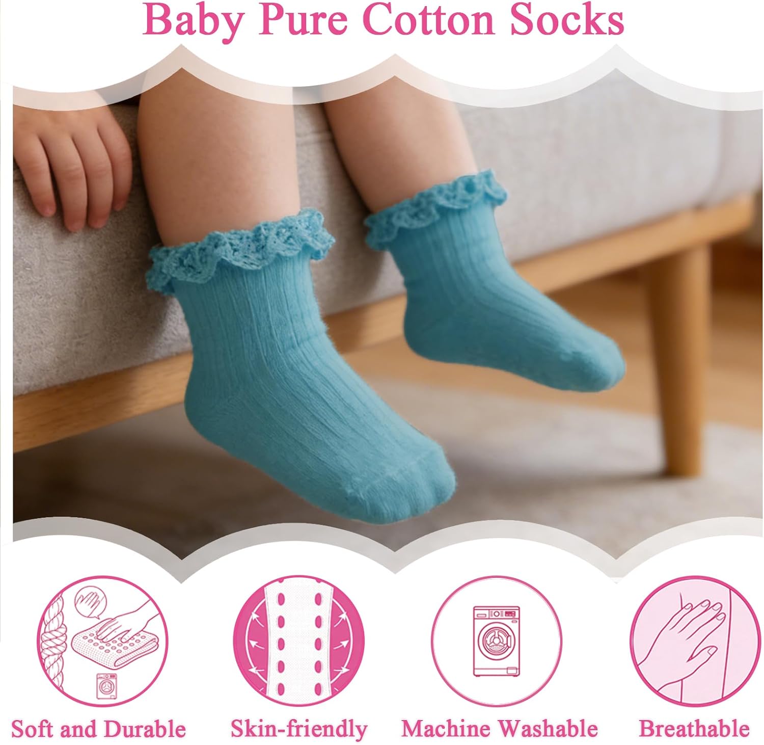 6 Pairs Baby Girl Ruffle Socks Non Slip Grips Cotton Frilly Ankle Crew Fancy Dress Socks for Newborn Infant Toddler - Image 2