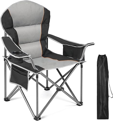 Sweetcrispy Silla plegable para campamento, soporte resistente, asiento acolchado plegable con bolsillos laterales, portavasos y bolsa térmica