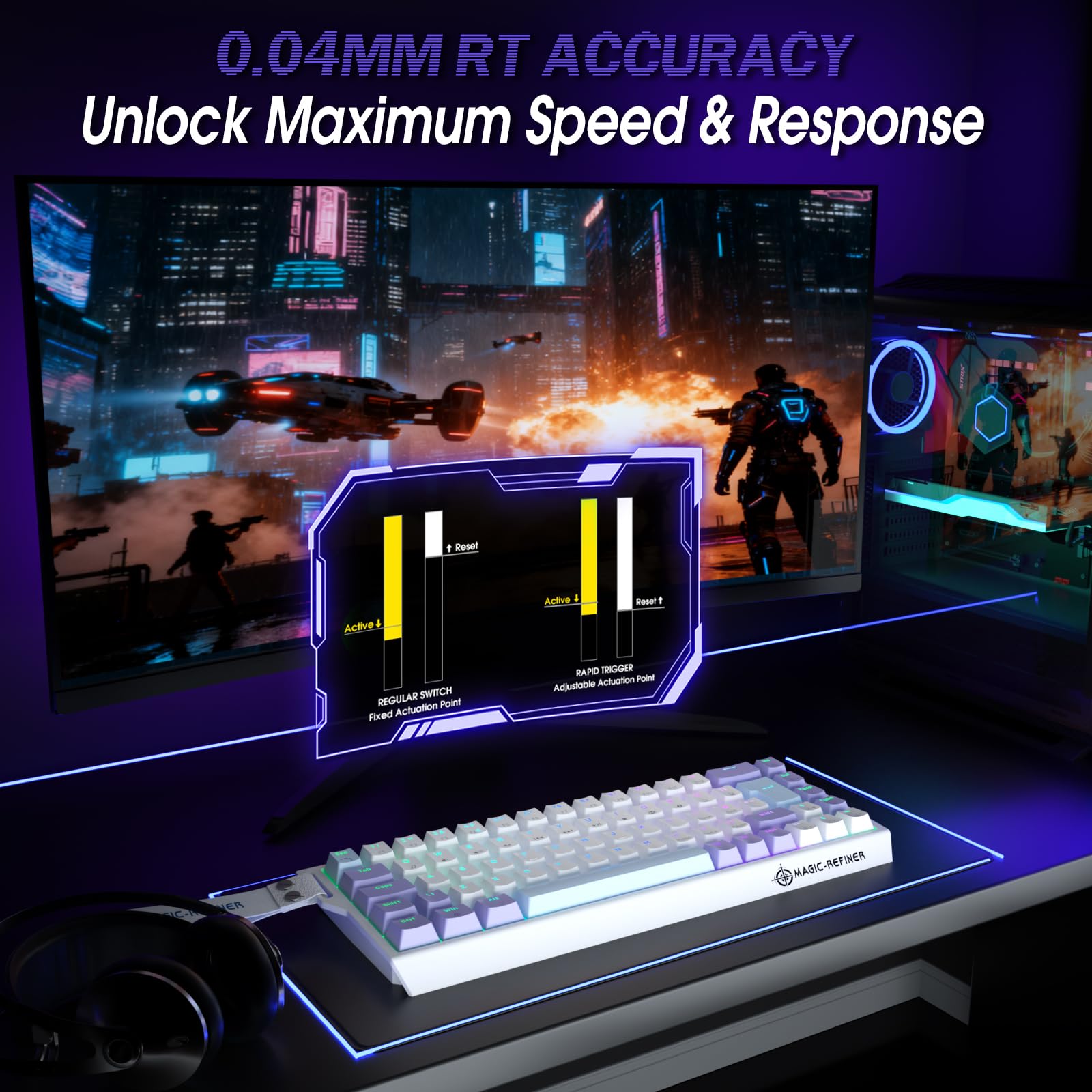 LexonElec MAGIC-REFINER X68 HE Tastiera Meccanica da Gaming Rapid Trigger 8000Hz, QWERTY Layout 60% Backlit RGB Cablata, Precisione RT di 0,04mm, Magnetic Switch, Attuazione Regolabile - Viola