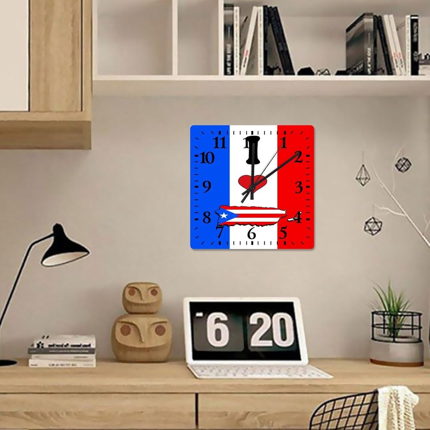 Decorative Wall Clock I Love My Country,Puerto Rico Wall Clock Puerto Rico Flag Wooden Clocks Silent Battery Operated 12 Inch Shabby Chic Retro Round Clock for Kitchen Bedroom Office