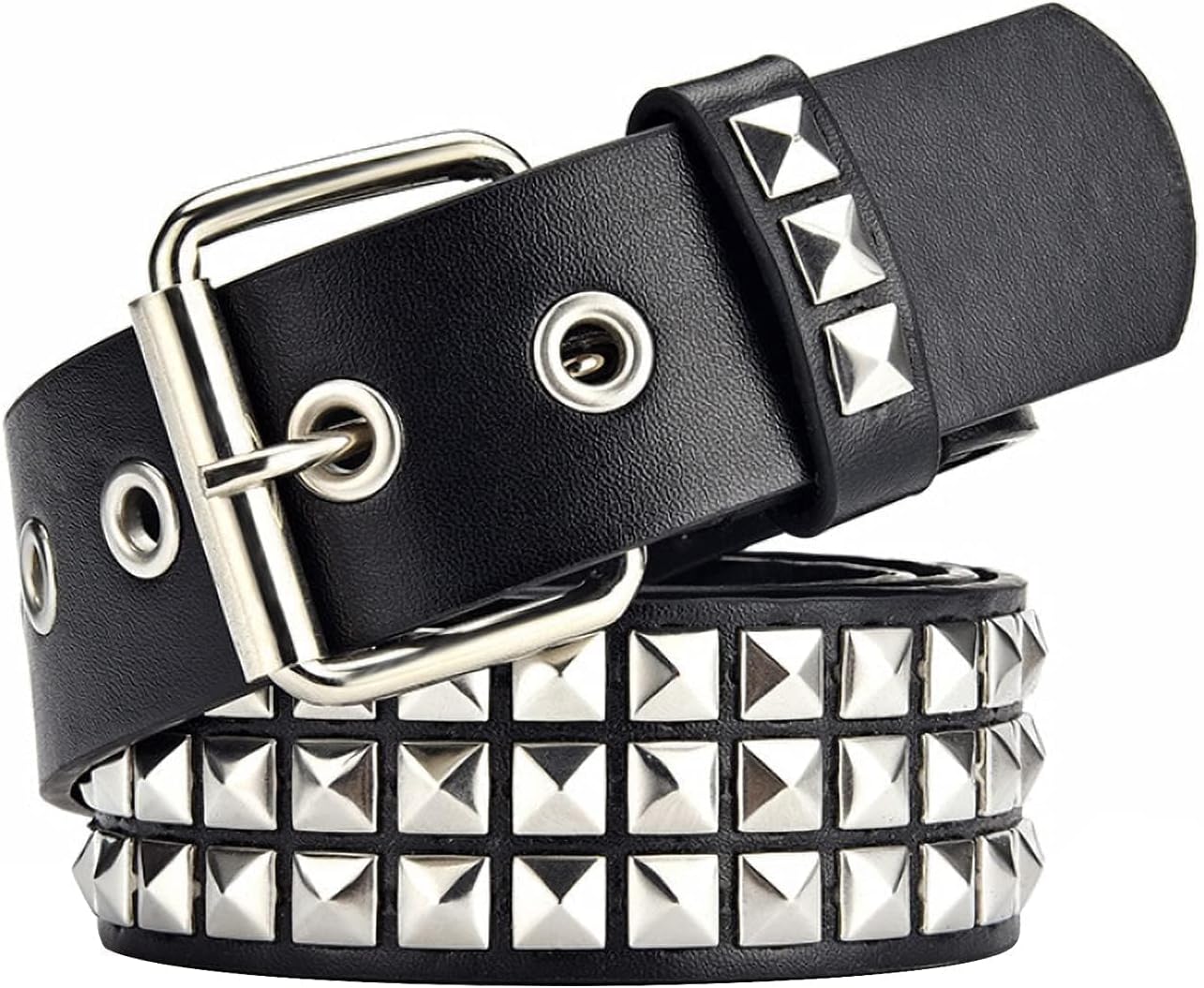 Black Studded Belt Punk Rock Rivet Belt Grommet Threads belts with Bright Metal Pyramid for Women Men
