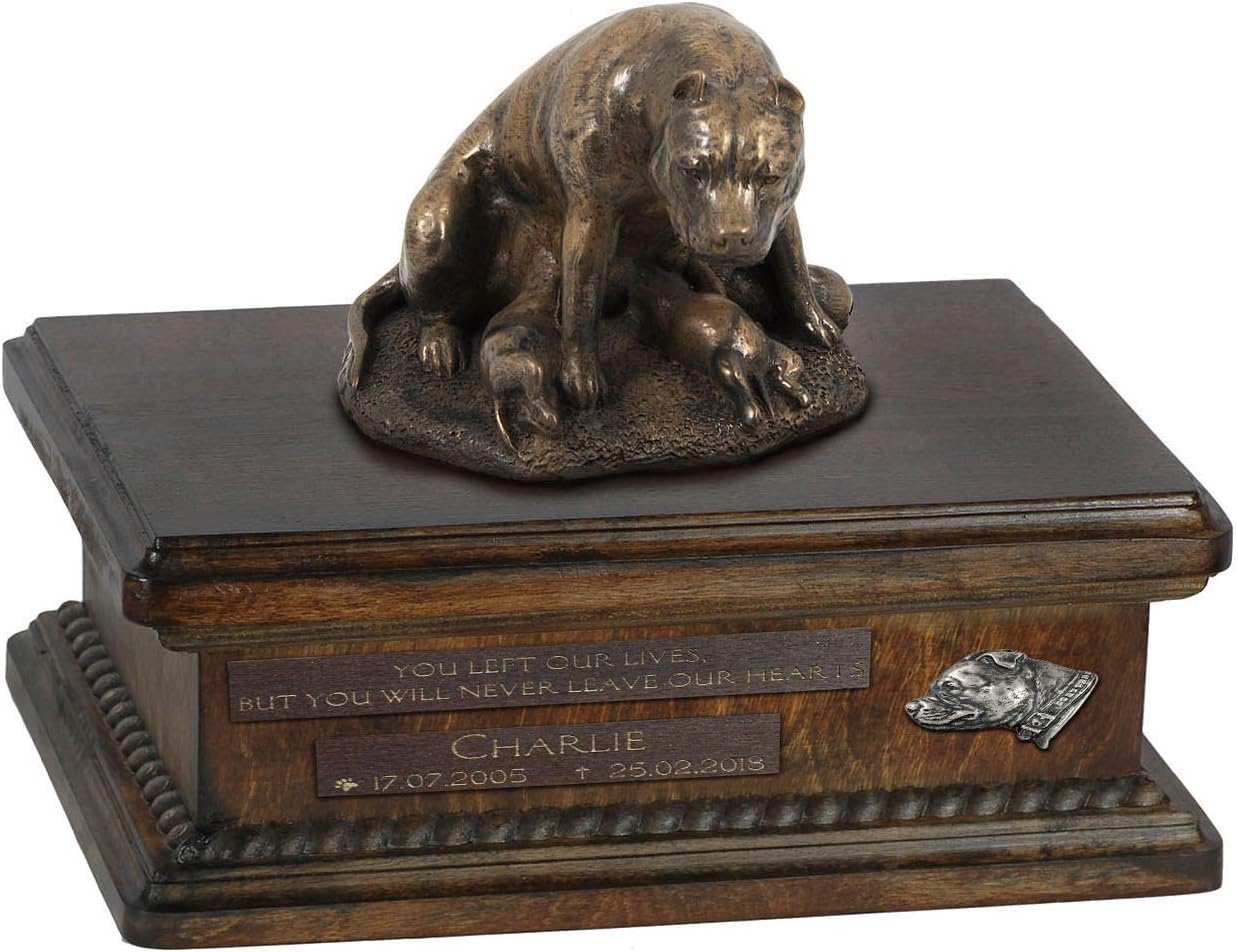 Art-Dog Custom Dog Sitting Statue Memorial Urn - Handmade Cold Cast Bronze on Birch Base – Sturdy and Stylish Urn for Dog’s Ashes – 8.3x11.4x8.7 – 5l – Staffordshire Bull Terrier III