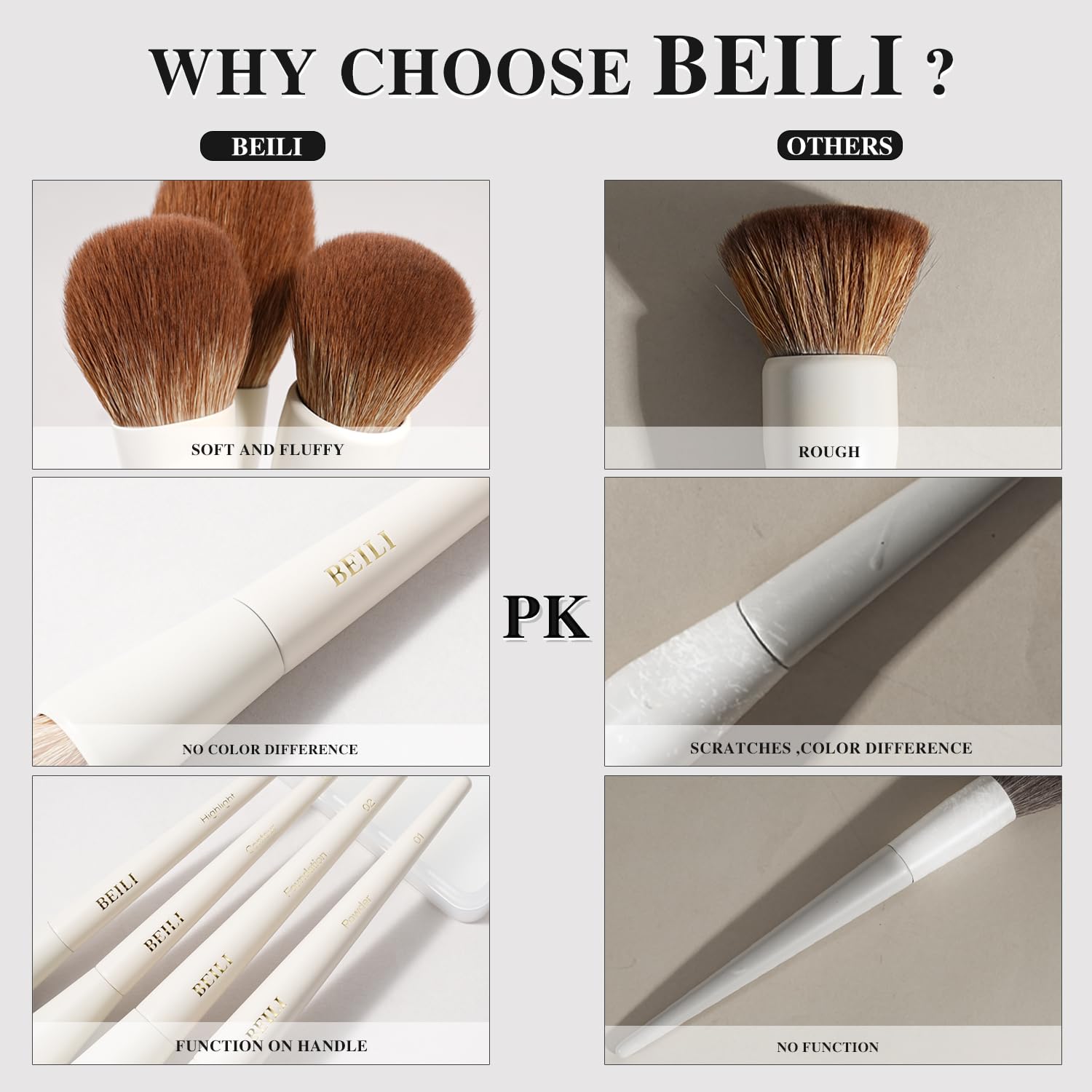 BEILI 15-Piece Makeup Brush Set, Premium Synthetic Bristles, Foundation Powder Contour Blush Concealer Eye & Blending Brushes, Elegant Full Face Collection