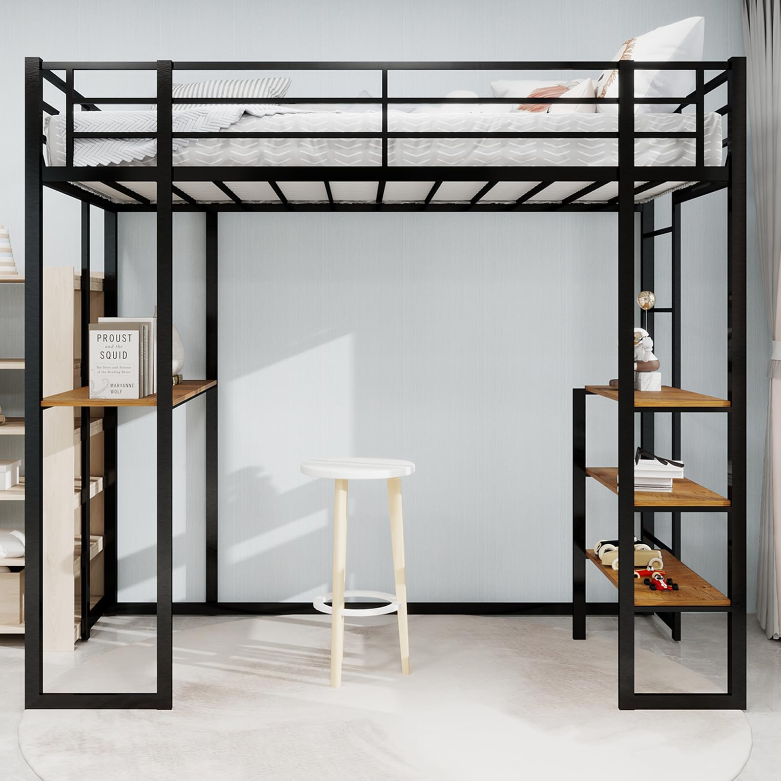 Iron Frame Bed with Bed and Table, Children's and Youth Home Bed with L-Shaped Desk, Iron Frame Bed with Railing and Stairs, with Stairs on Both Sides can be Placed Anywhere