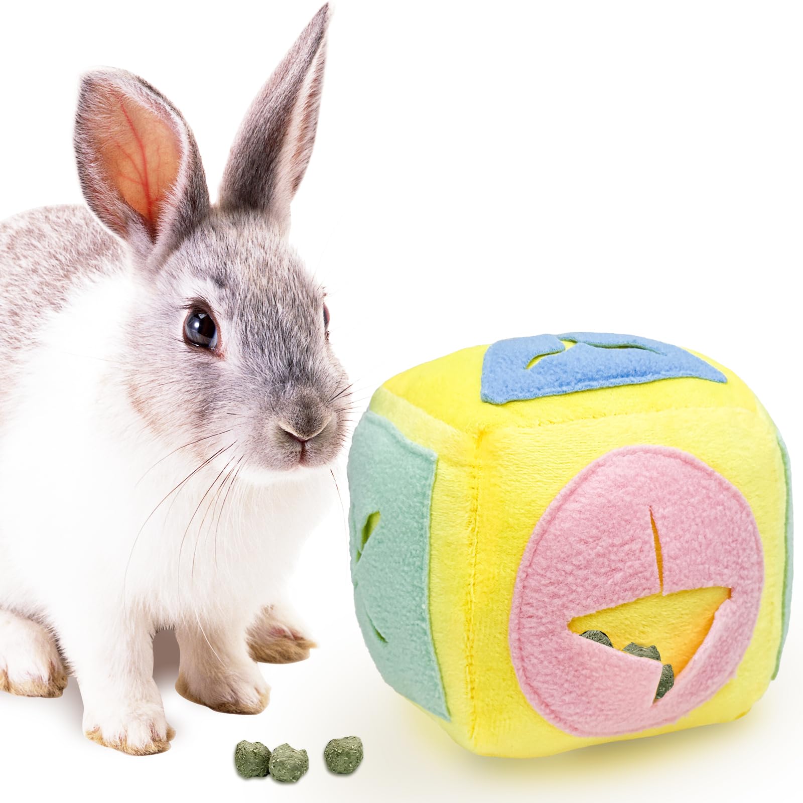 Mooydee Large Rabbit Foraging Toy with Bell, Washable Snuffle Ball for Rabbits Toys Interactive Puzzle Bunny Toy Treat Dispenser Encourage Natural Foraging Skill Slow Feeder for Small Animal - Yellow