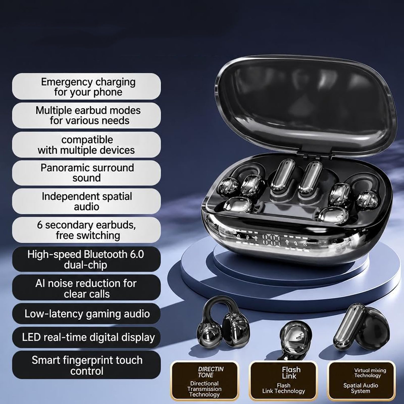 Auriculares Inalámbricos 6 En 1 para Dormir con Estuche De Carga (C)