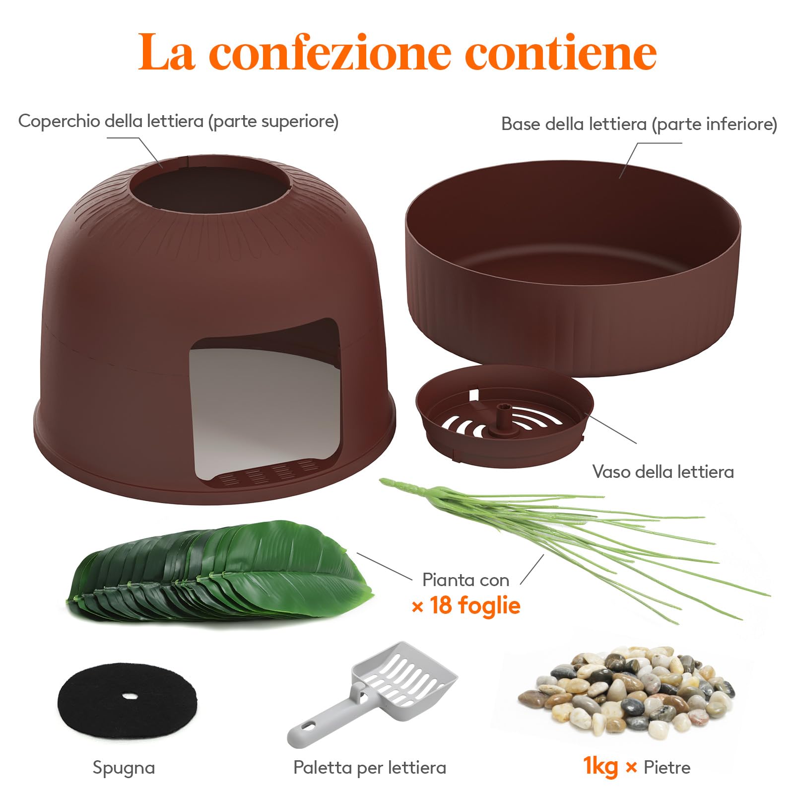 Lifewit Lettiera Gatto con Deodorante e Filtro a Carboni Attivi, Toilette per Gatti per Soggiorno, Camera da Letto e Angoli, Lettiera a Forma di Vaso con Pianta Finta e Paletta, 48 x 120 cm, Marrone