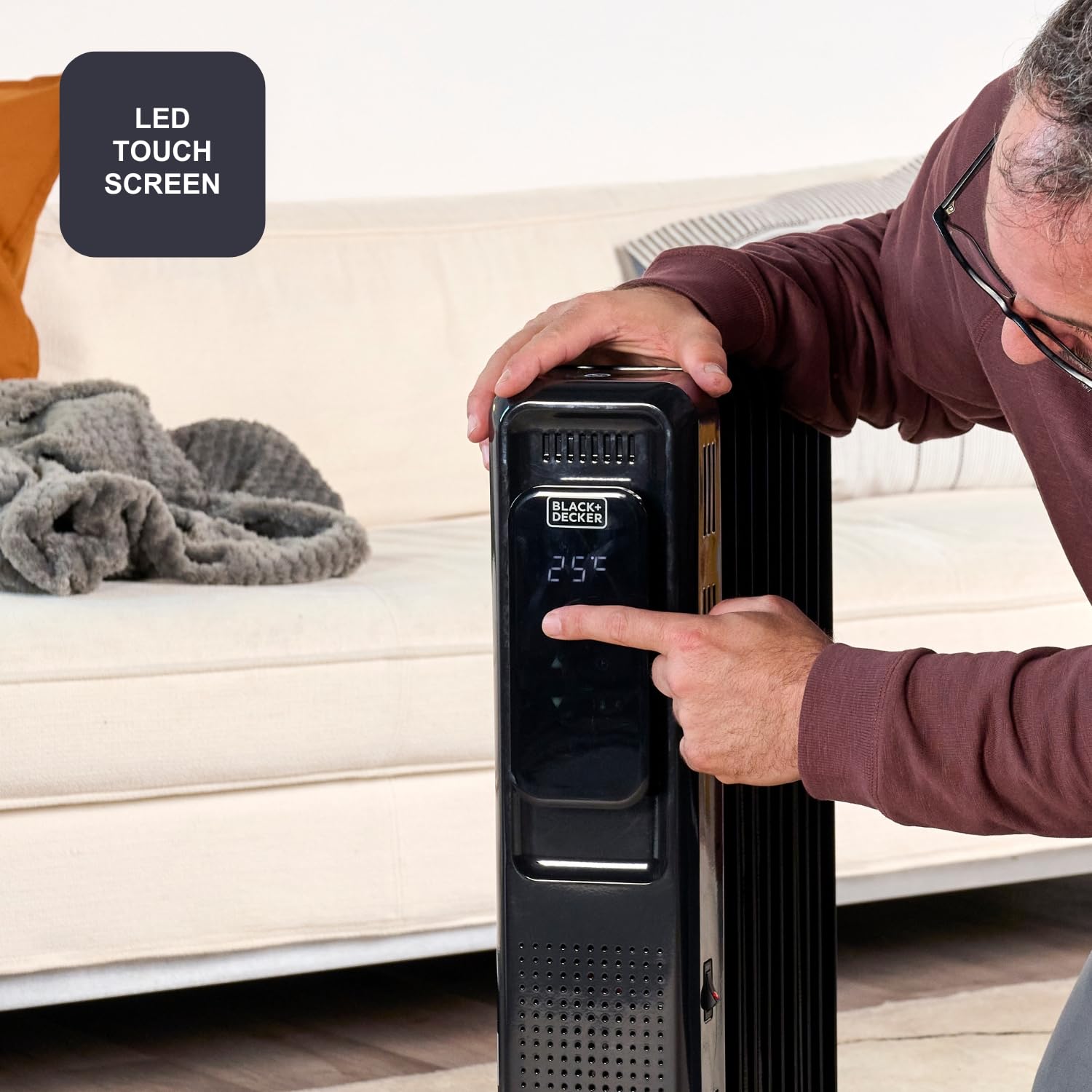 BLACK+DECKER - Radiador de Aceite 2000W | Calefactor Eléctrico | 9 Elementos | 3 Intensidades | Regulable | Temporizador 24h | Ultra Silencioso | Protección Sobrecalentamiento | Display Digital