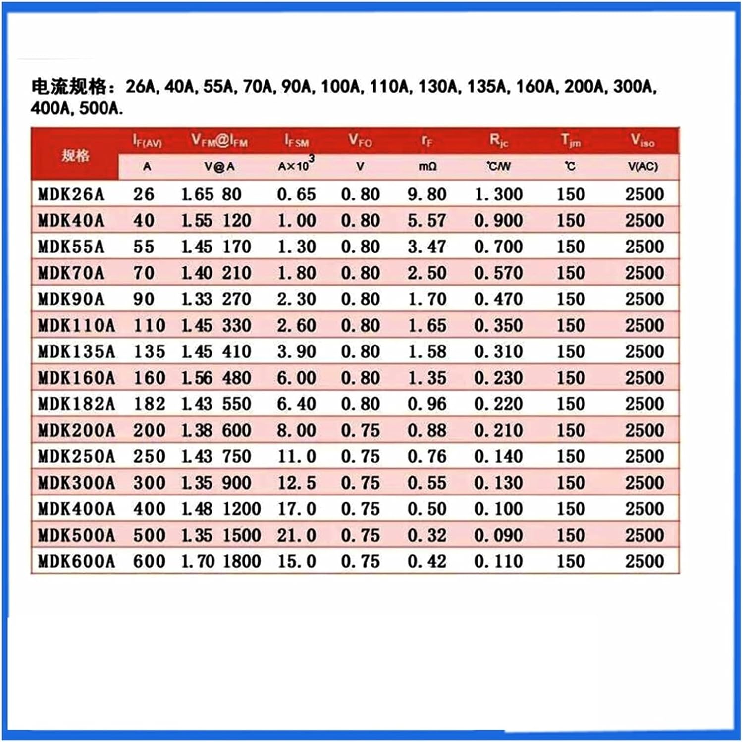 MDK26A 40A 55A 70A 90A 110A Rectifier DC Anti-Reverse Charging/Current Anti-Backflow Freewheeling Diode Modul(MDK70A-1600V)
