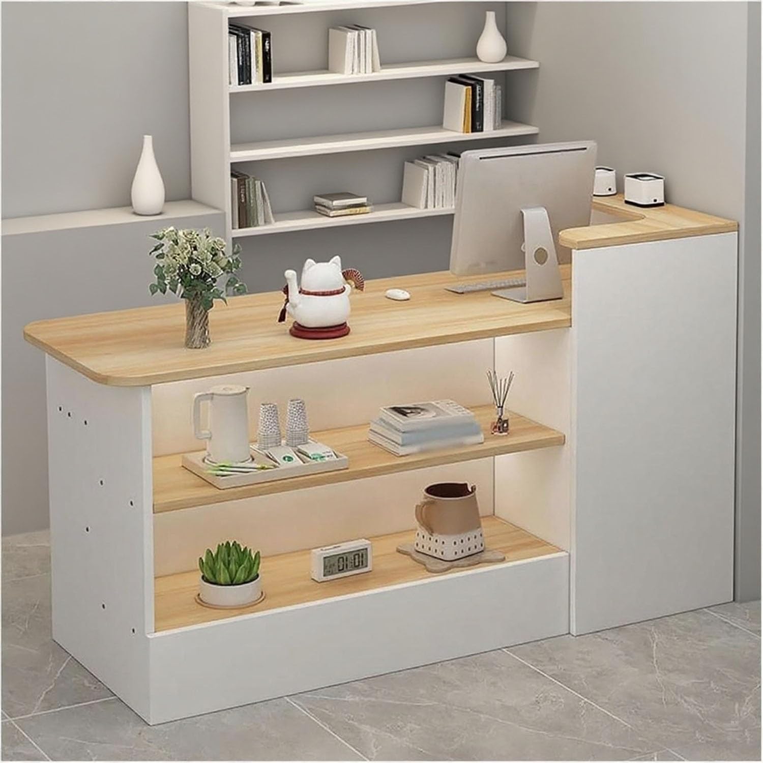 Empfangstheke mit Schreibtisch, Rezeption Schreibtisch mit Schubladen und Ablageflächen Empfangstresen, Laden-Theke Bürotheke Rezeption Tisch(Walnut/Right,120x100x45cm)