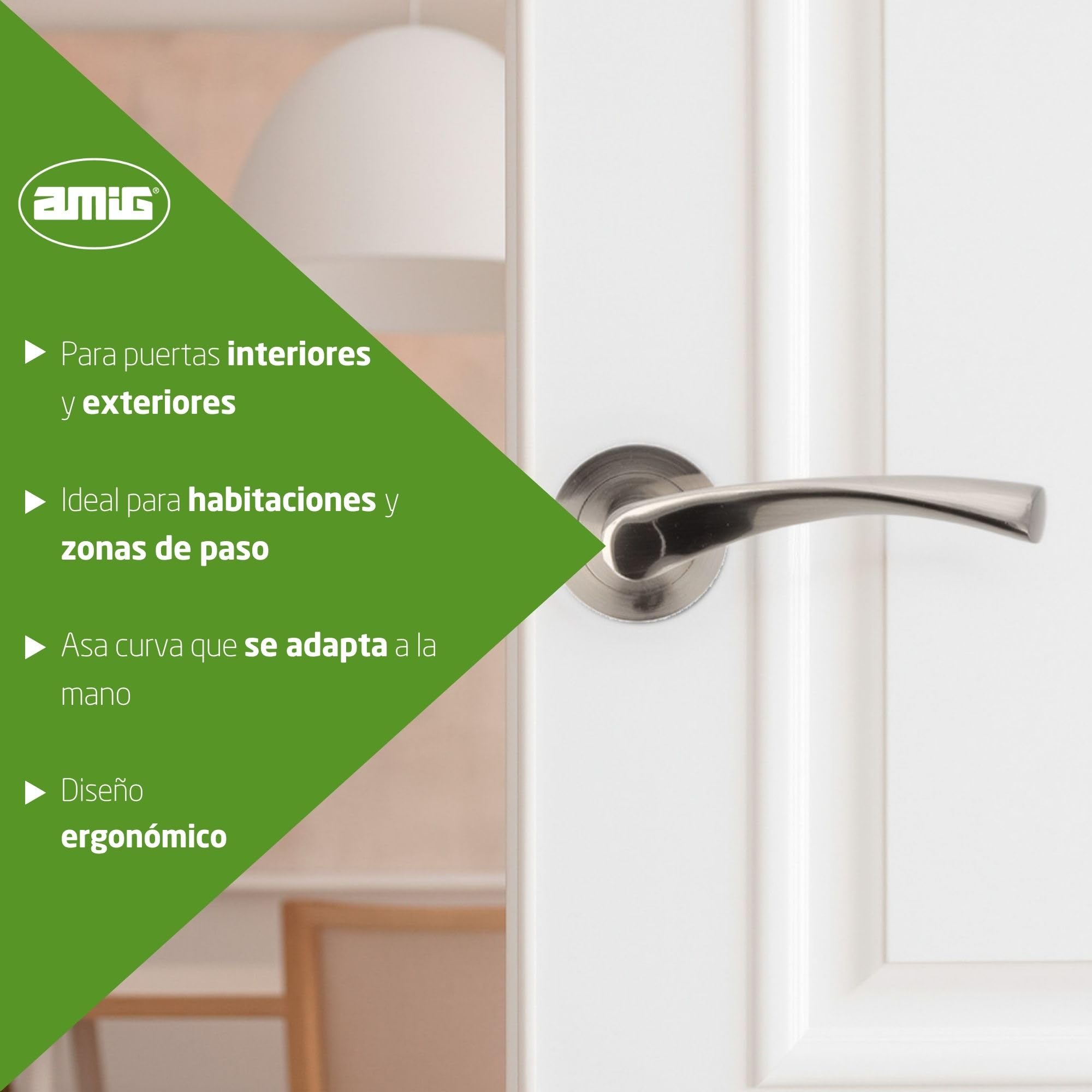 Amig - Pack de 4 Manillas con Roseta de Zamak para Puertas, Mod. ISHI RX, 52 mm, Cuadradillo de 8 mm, Diseño Elegante y Sencillo, Aluminio Níquel Cepillado