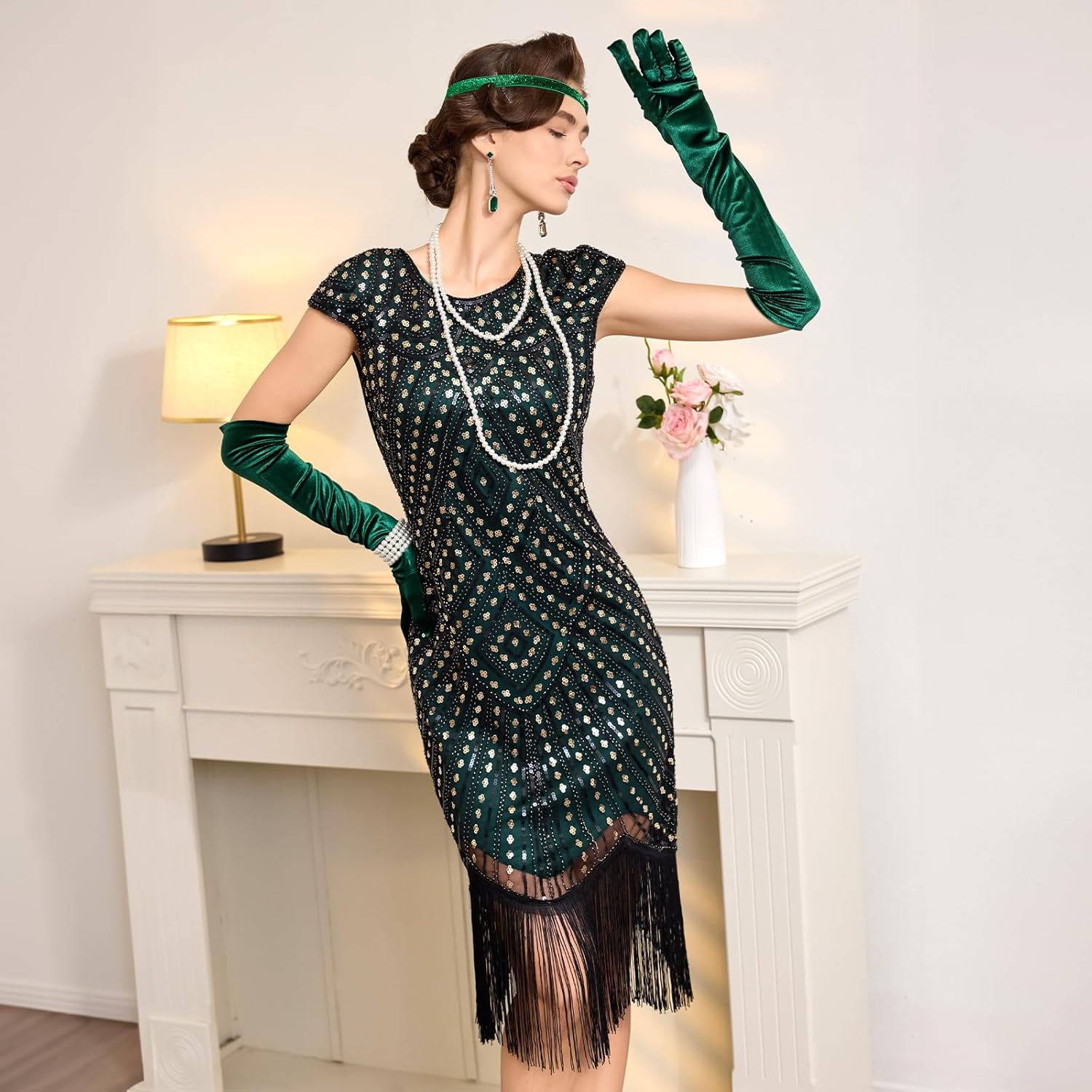1920s Dresses for Women, Roaring 20s Great Gatsby Flapper Dresses Fringed Sequin Vintage Dress with Accessories Set - Image 2