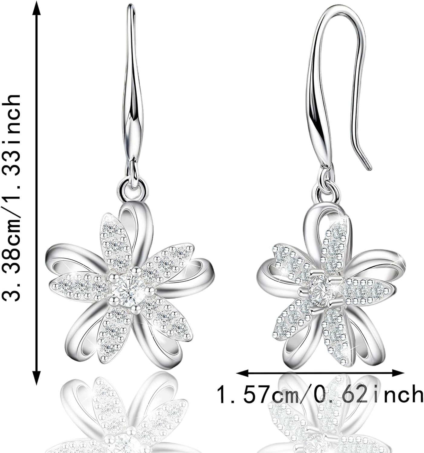 Sterling Silver Flower Earrings for Women, Sparkle Cubic Zirconia Drop Dangle Earrings,Hypoallergenic Lightweight Floral Dangling Earring Dainty Jewelry Gifts - Image 6