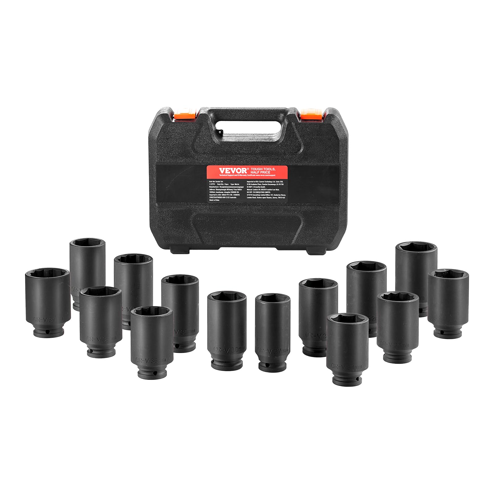 VEVOR Axle Nut Impact Socket Set, 1/2" Drive Deep 6+12-Point 14-Piece Metric Spindle Nut Socket Set