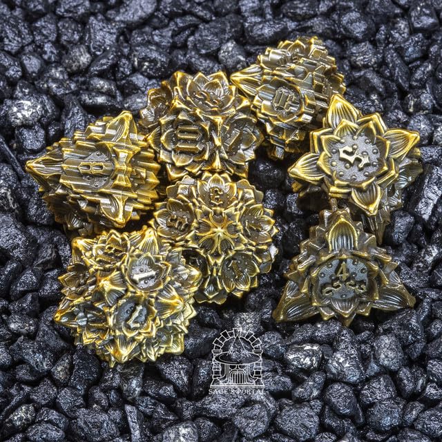 Sage's Portal Deadly Lotus Metal DND Dice 7 Piece Polyhedral Dice Set for DND TTRPG Dungeons and Dragons Pathfinder (Autumn's Kiss)