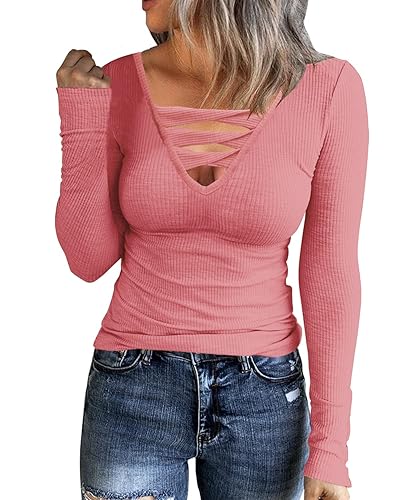 Women Casual Long Sleeve Tunic Tops V-Neck T Shirts Criss