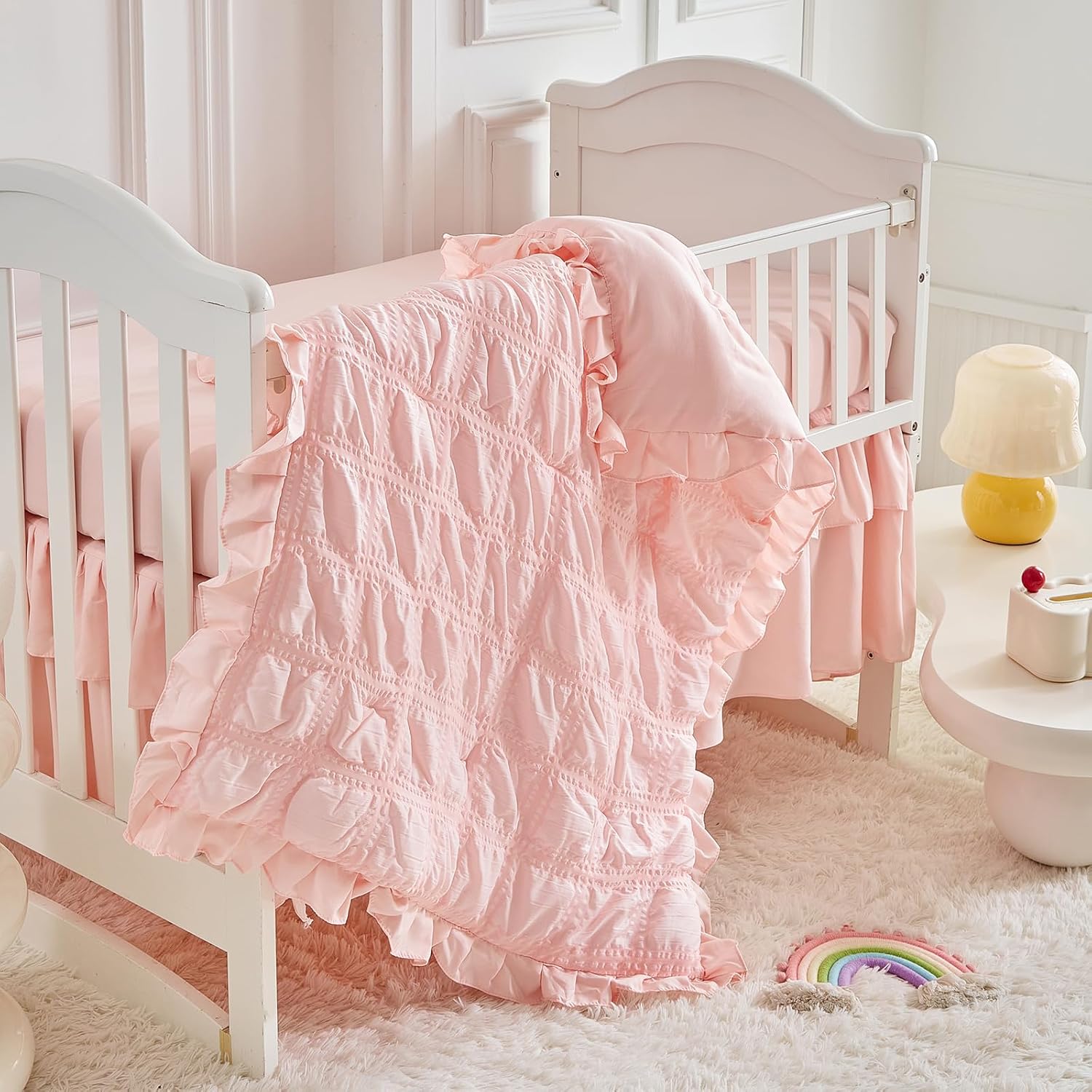 Ruffled Crib Bedding Set Baby Boho Quilted Comforter with Fitted Sheet and Bed Skirt - Cute Soft Breathable Seersucker Ruffled Shabby Chic Bedding Soft Blanket Design - Light Pink