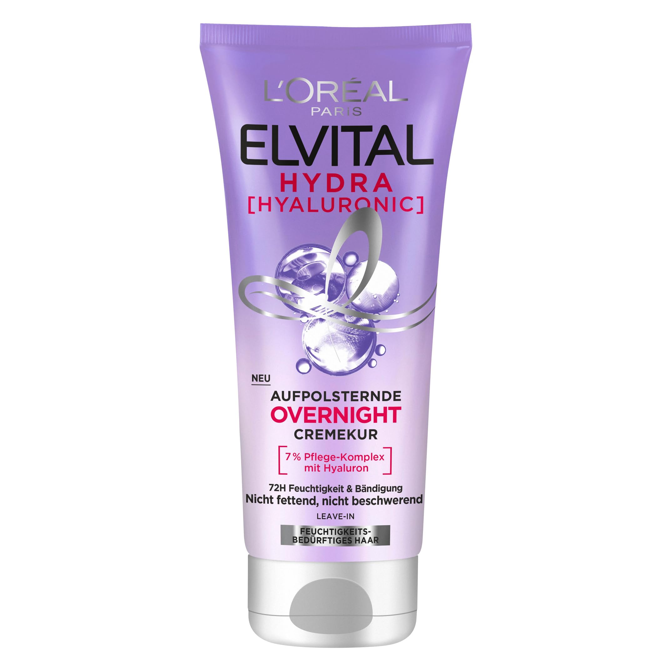 L'Oréal Paris Elvital Hydra Hyaluronic feuchtigkeitsspendende Haarmaske für glänzendes Haar, Leave In für einen Feuchtigkeitsboost & Schutz über Nacht, langanhaltende Feuchtigkeit und Pflege, 200ml
