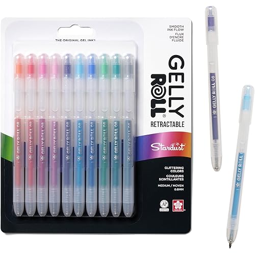 SAKURA Gelly Roll Retractable Gel Pens Colored - Stardust Glitter Gel & Medium Point - For Journaling, Art, or Drawing - With Assorted Colored Ink - 10 Pens