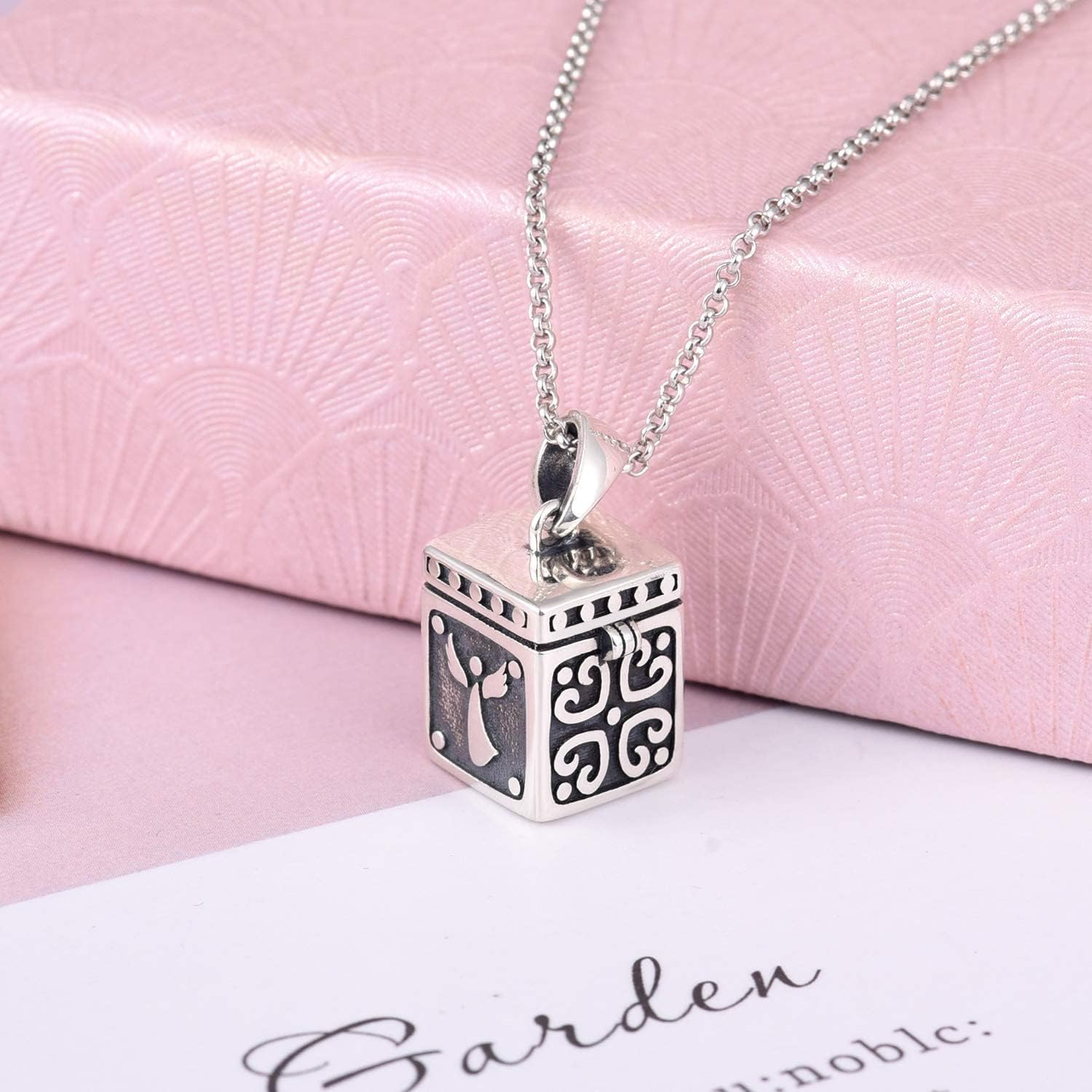 Silver Locket Urn Pendant Necklace Classic Angel Prayer Box Urn for Loved One Cremation Ashes-Always in My Heart Memorial Jewelry - Image 4
