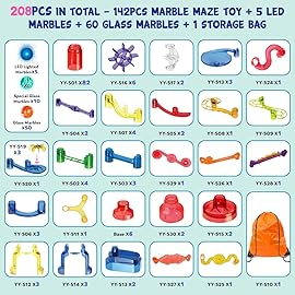 Meland Marble Run - 208Pcs Marble Maze Game Building Toy for Kids, Marble Track Race Set & STEM Learning Toy Gift for Boy Girl Age 4 5 6 7 8 9+(142 Pcs + 60 Glass + 5 Led Lighted Marbles)