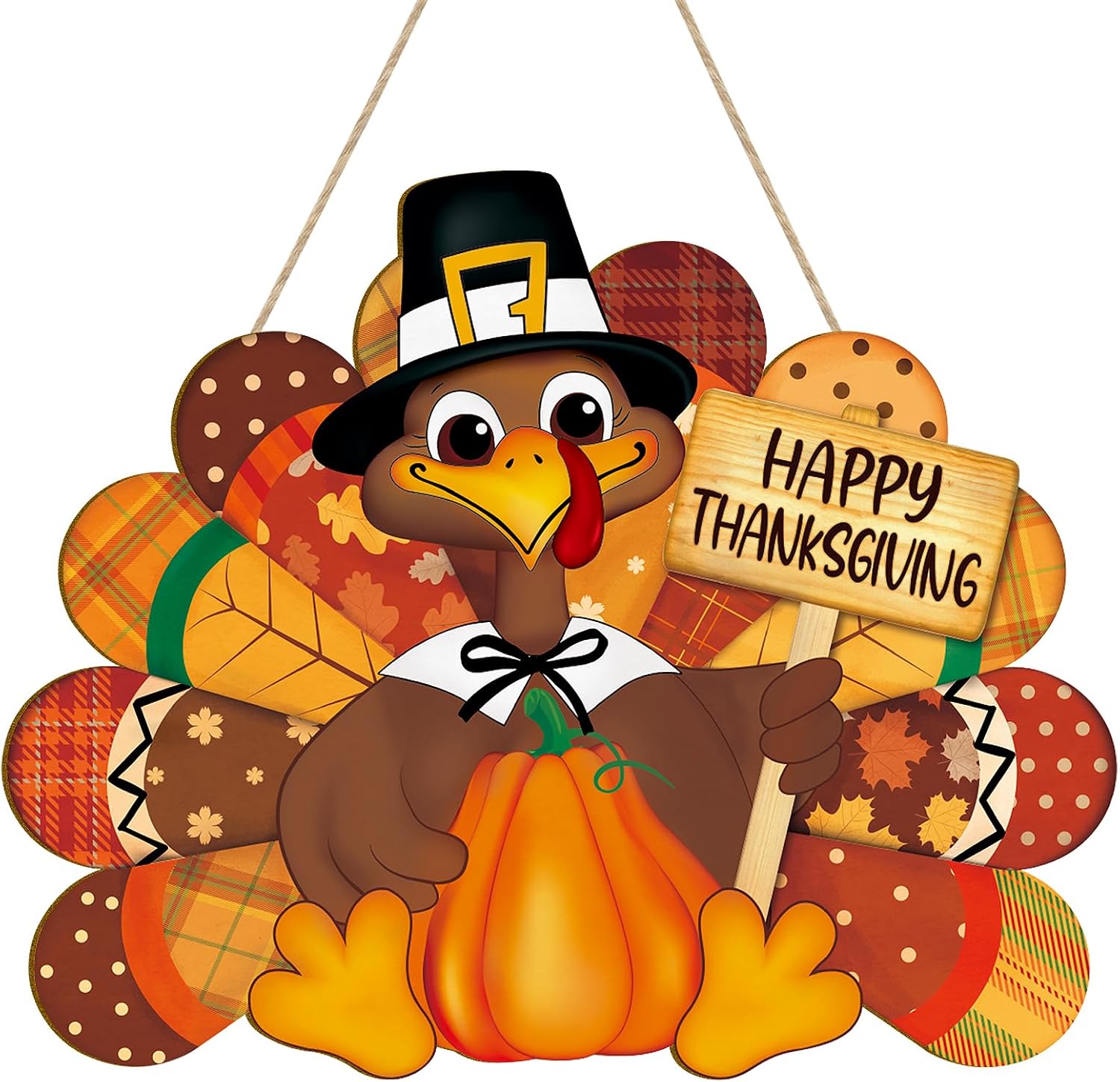 Thanksgiving Decoration Wooden Turkey Pumpkin Door Wreath for Front Door Sign Wall Signs, Thankful Blessed Grateful Pumpkin Sign Hanging for Fall Autumn Harvest Home Halloween Decoration