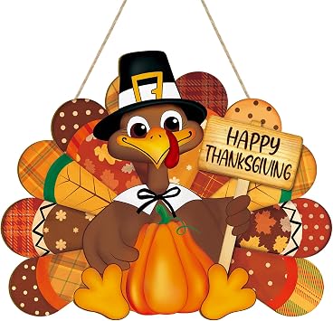Thanksgiving Decoration Wooden Turkey Pumpkin Door Wreath for Front Door Sign Wall Signs, Thankful Blessed Grateful Pumpkin Sign Hanging for Fall Autumn Harvest Home Halloween Decoration
