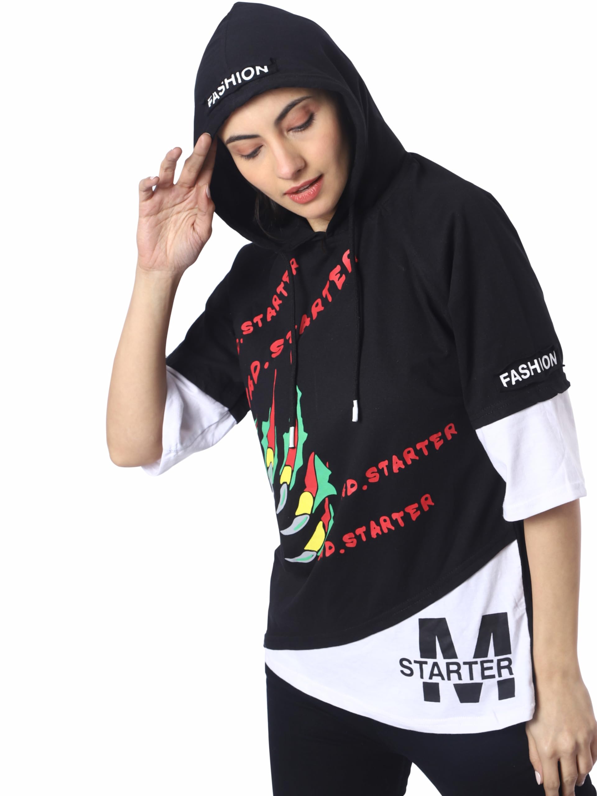 Cotton Blend Women Oversized Hoodie | Drop Shoulder Hoodie For Women | Half Sleeve Oversized Tshirt For Women | Printed Oversized T Shirts For Women-image-0