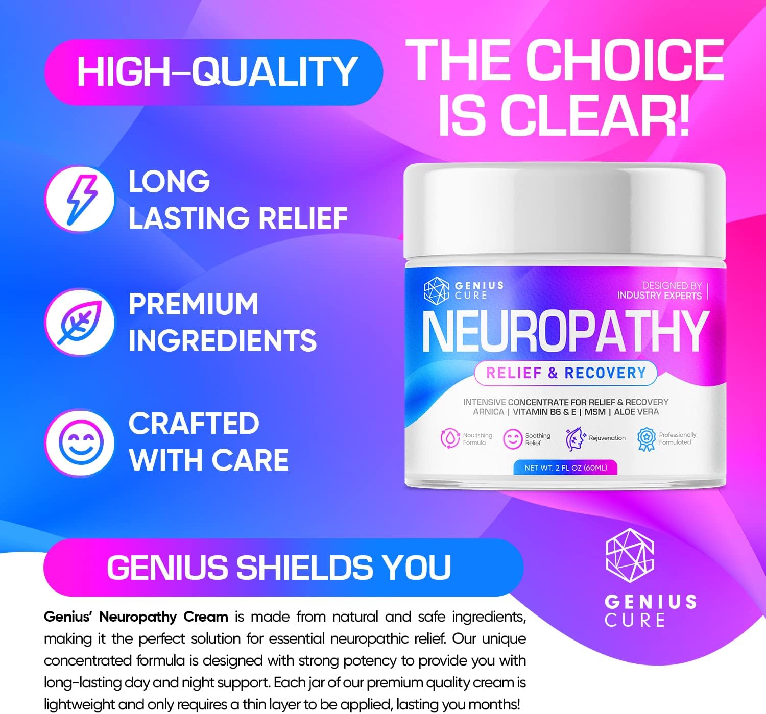 GENIUS CURE Neuropathy Nerve Relief Cream - Maximum Strength Relief Cream for Foot, Hands, Legs, Toes Includes Arnica, Vitamin B6, Aloe Vera, MSM - Scientifically Developed for Effective Relief 2oz