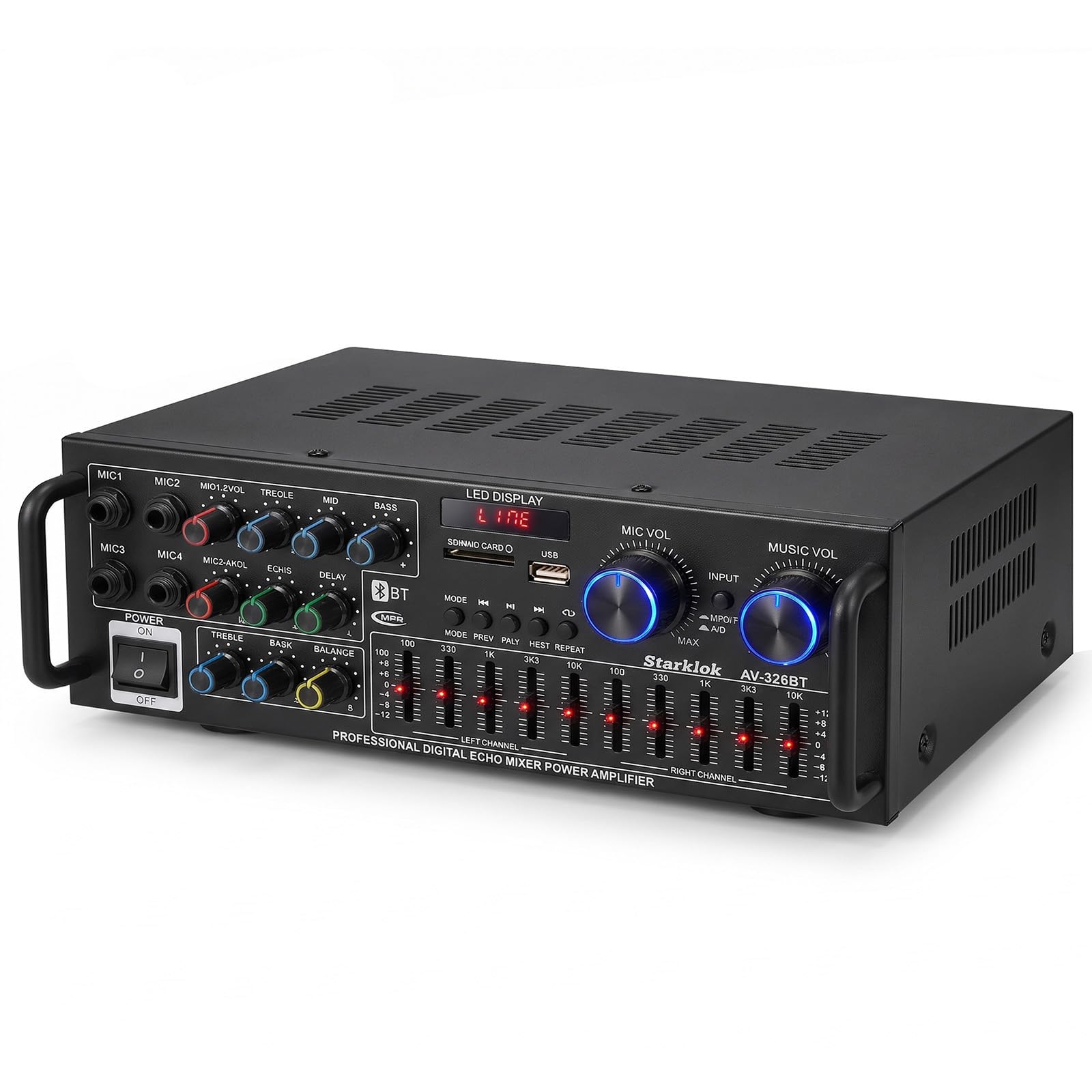 Amplificatore stereo HiFi da 2000 W, subwoofer Home Theater, amplificatore con Bluetooth 5.4, ricevitore audio FM, USB, SD, AUX, karaoke, mixer equalizzatore a 10 bande, 4 ingressi microfono, uscita