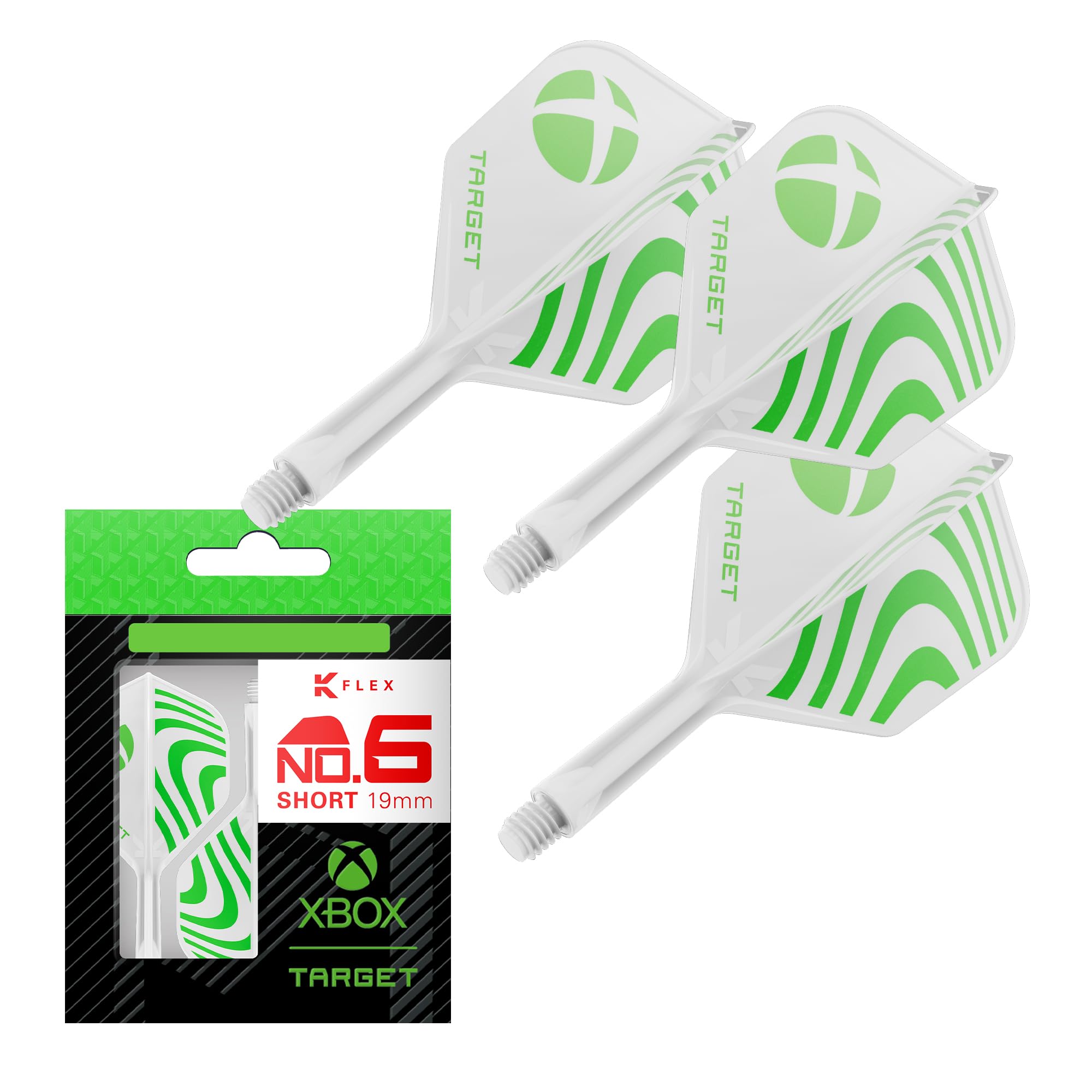 Target Darts Xbox K-Flex Flight & Shaft System, Green & White | No.6 Kflex – Short (19mm) All-In-One K Flex Flights and Shafts, Professional Dart Accessories