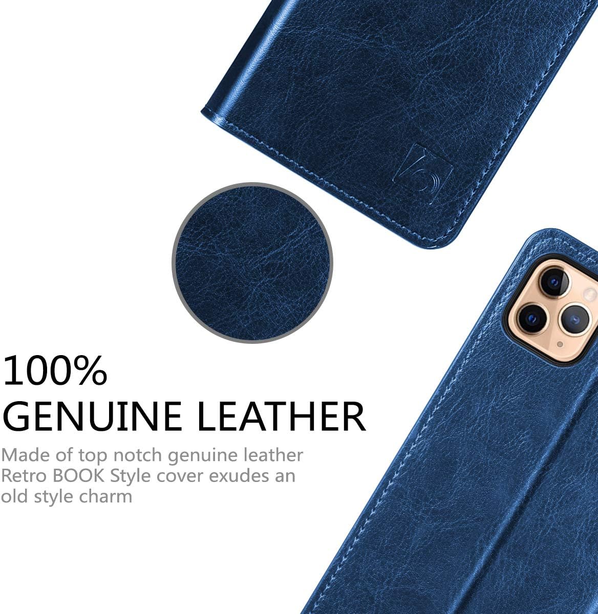 Belemay Compatible with iPhone 11 Pro Wallet Case, [Genuine Cowhide Leather Case] Folio Book Flip Cover Card Holder Slots, Kickstand, Cash Pockets (5.8-inch), Blue