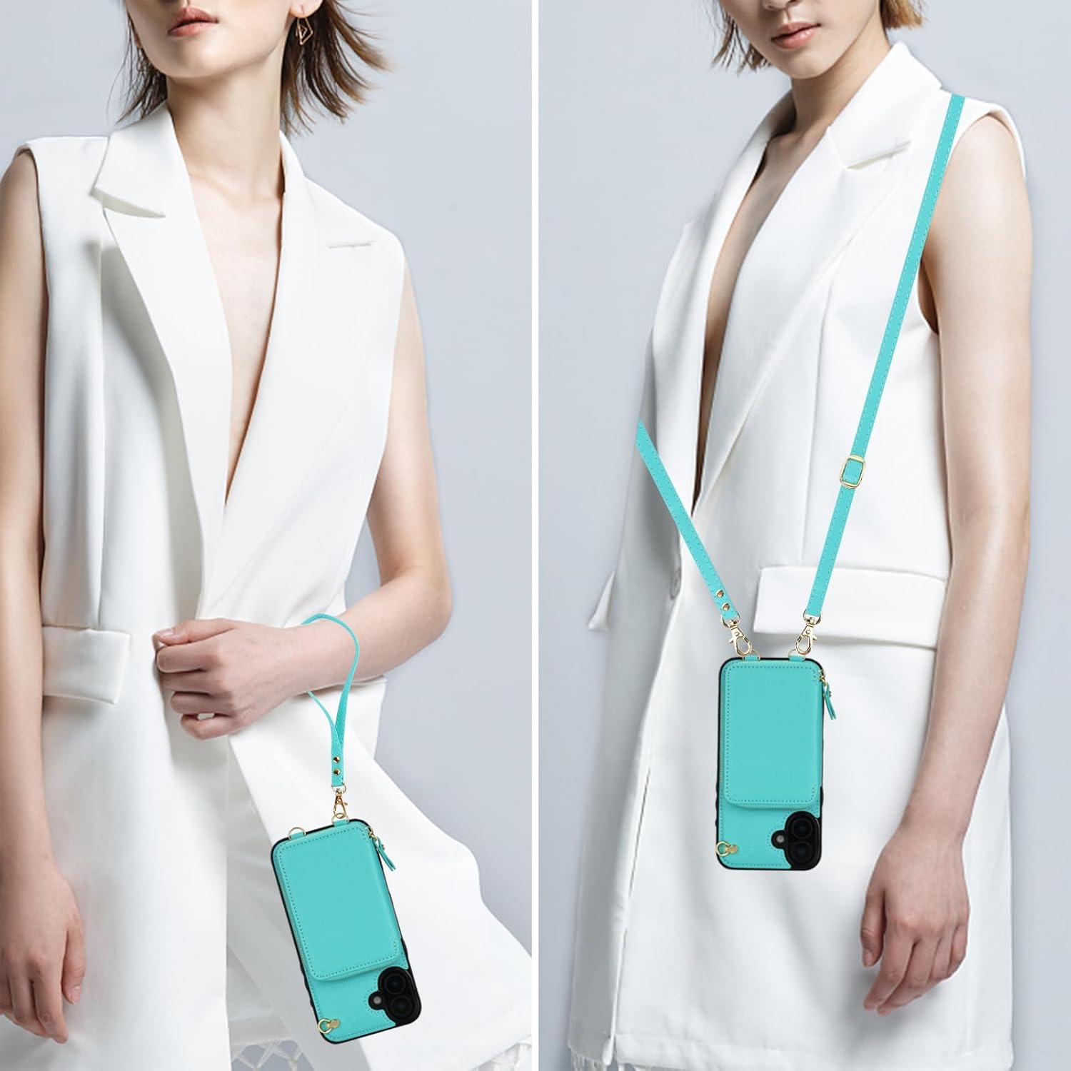 Bocasal Crossbody Wallet Case for iPhone 16 Plus, RFID Blocking Leather Purse Case with Card Holder, Protective Handbag Flip Cover with Zipper Wrist Strap Lanyard for Women 5G 6.7 Inch (Mint Green)