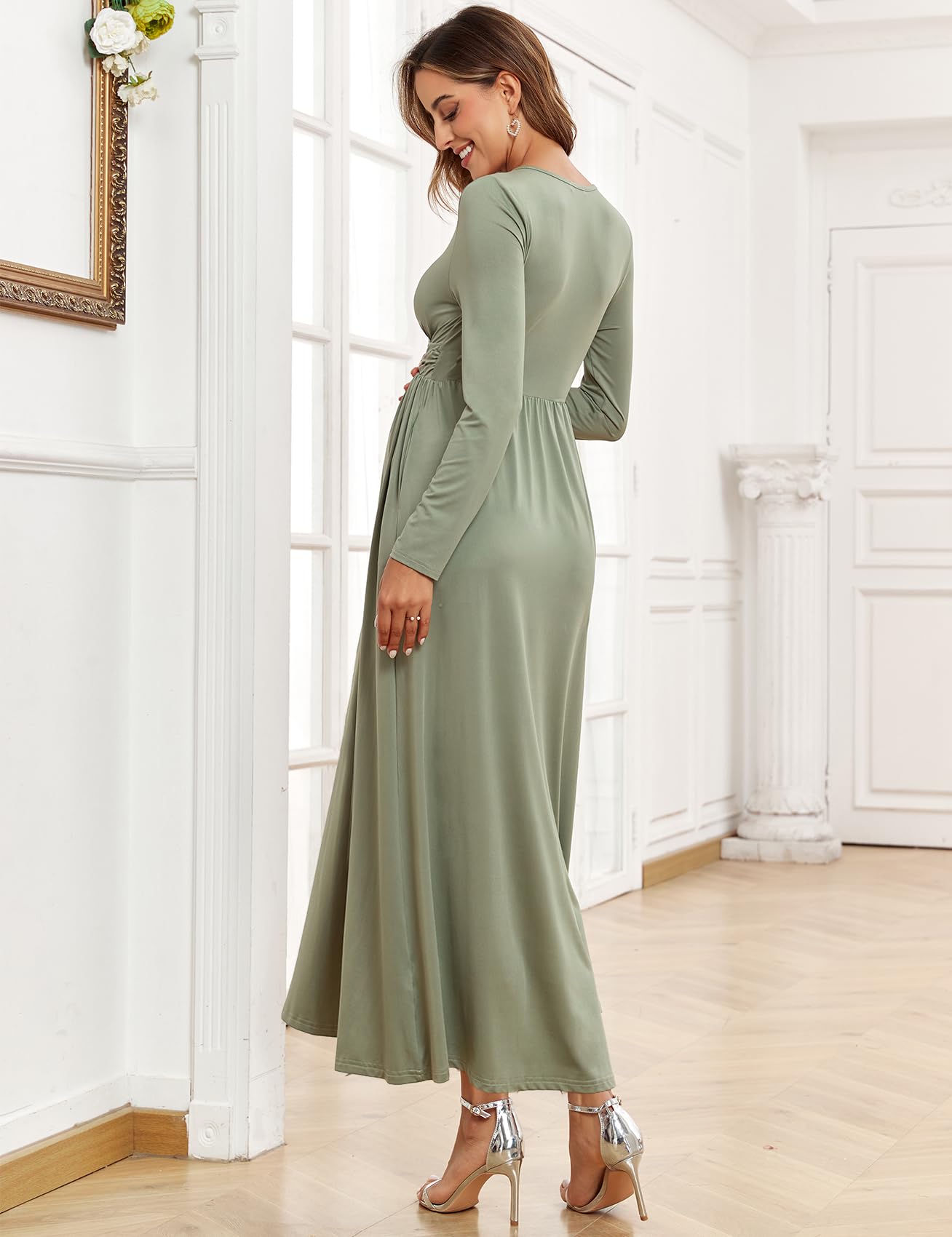 Condition photo showing New/Like New for 2025 X-Large Women's Maternity Maxi Dress Long Sleeve Wrap V Neck Pregnancy Dresses with Pockets Baby Shower Photoshoot Formal