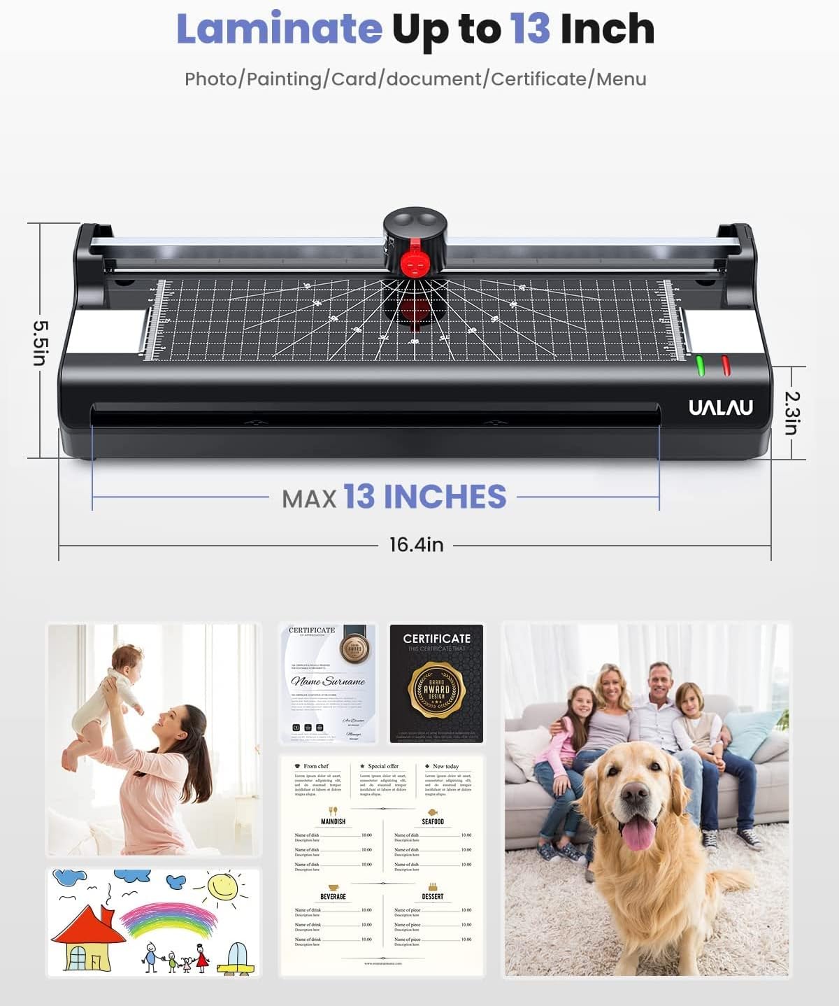 Laminator, Laminator Machine for A3/A4/A6, UALAU 7 in 1 Thermal Laminator with 20 Pouches, Paper Trimmer, Corner Rounder, Photo Frame, 13 Inches Laminating Machine for Home/School/Office Use