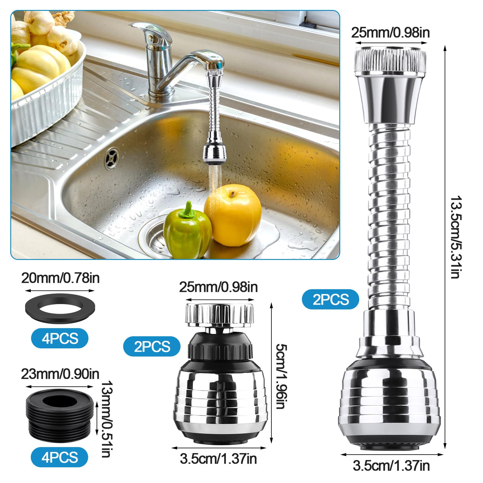 Robinet Cuisine Pivotant 360° Douchette 2 Pièces, Robinetterie de Cuisine Aérateur Rallonge