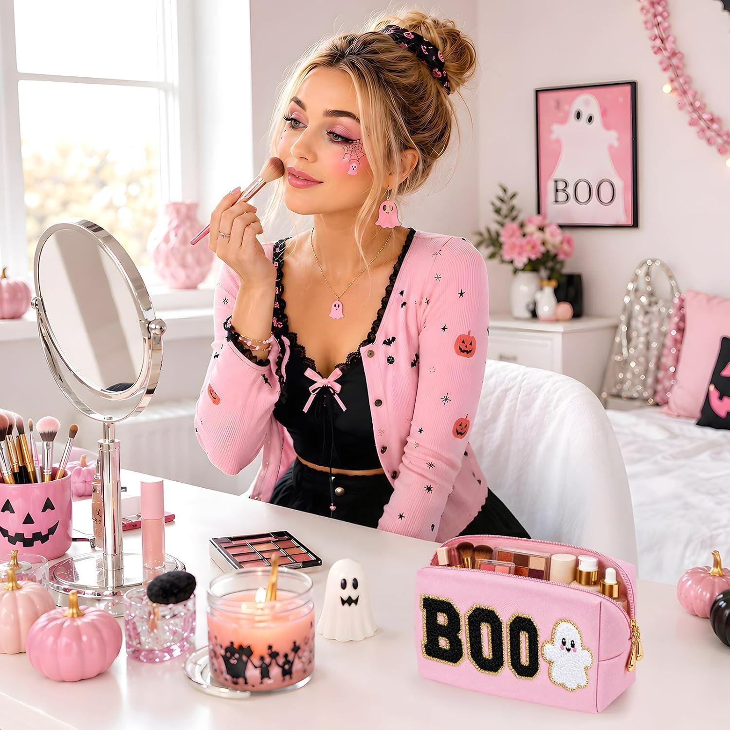 4 Pcs Halloween Makeup Bag BOO Cosmetic Bags Pouch Chenille Patch