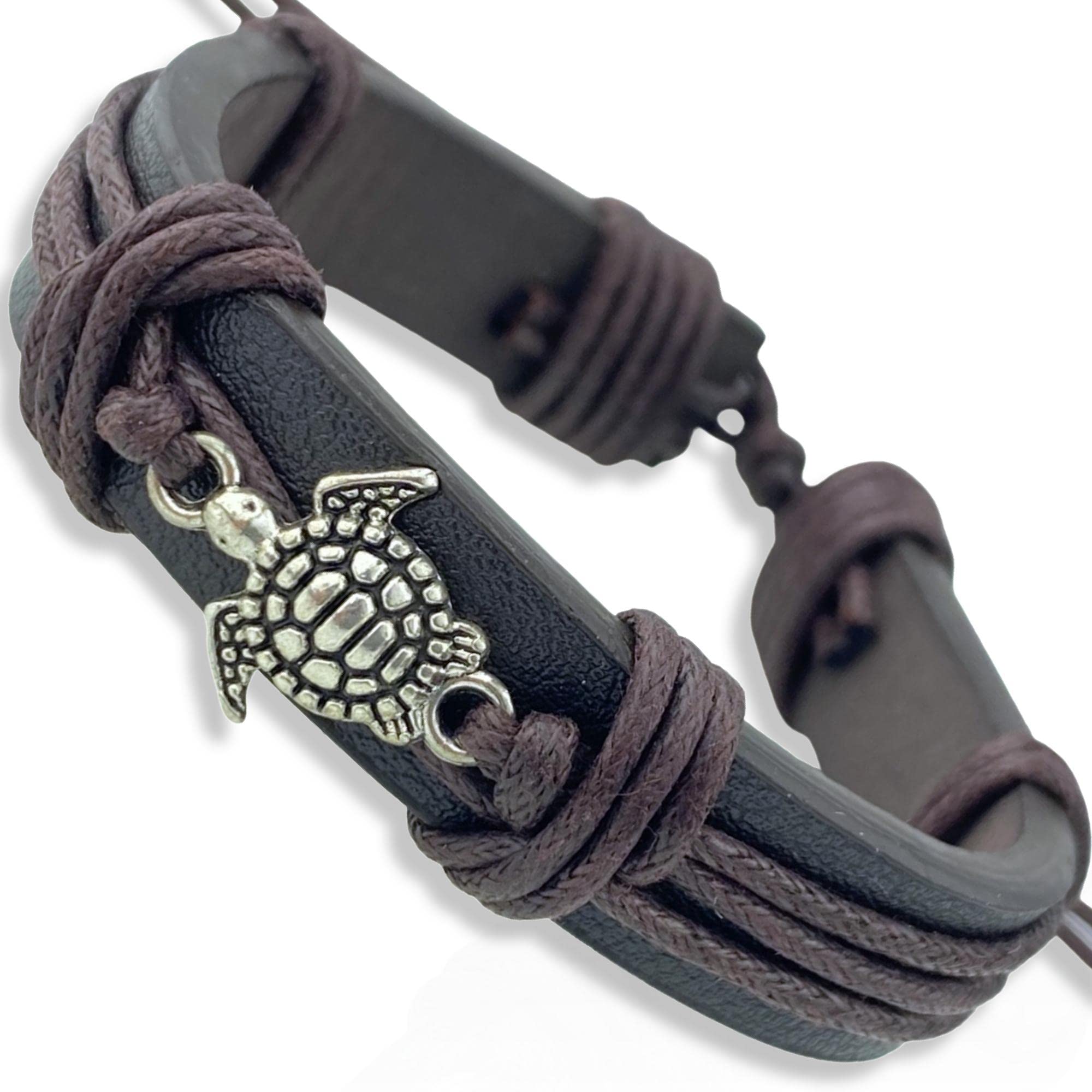 Soul StatementMen's Leather Wrap Turtle Bracelet, Adjustable Sizing for Men and Teenager Boys, Turtles Charm